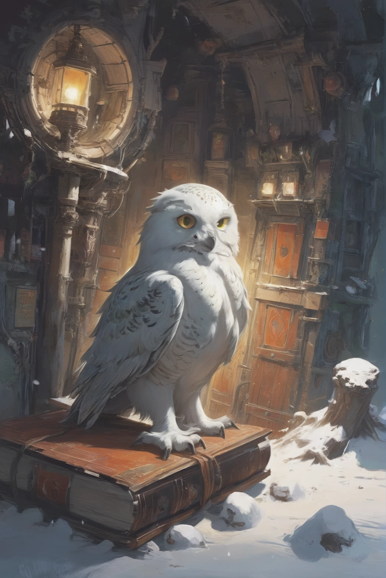 retro 1970s fantasy book cover, oil painting, brightly lit interior, in a Snowy owl roost<lora:EnvyStarlight70sScifiBookCover01:1.2>