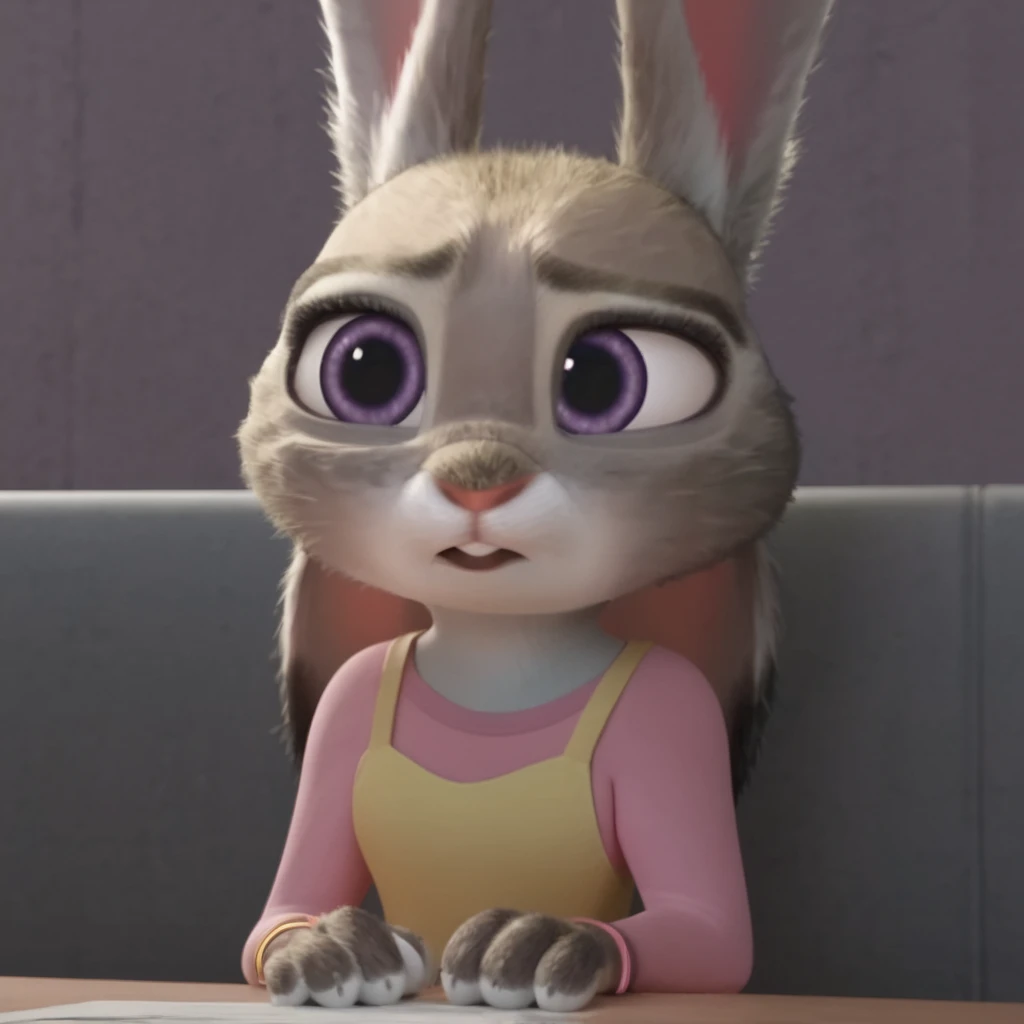 <lora:JudyHoppsPony:1>, judyhopps, purple eyes, rabbit, rabbit ears, rabbit girl, animal ears,