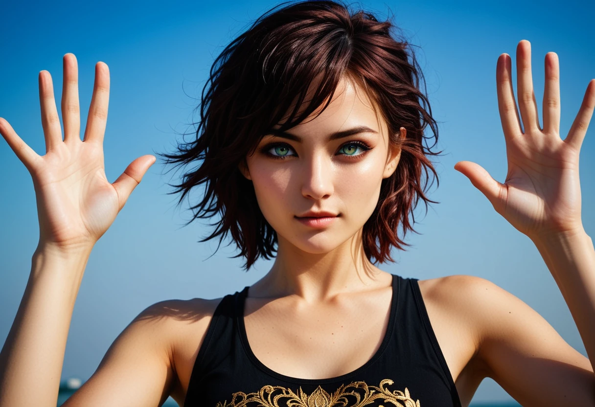 portrait photograph of a beautiful irl woman, irl, tank top, upper body shot, waving, intricately detailed pupils, rough skin, 