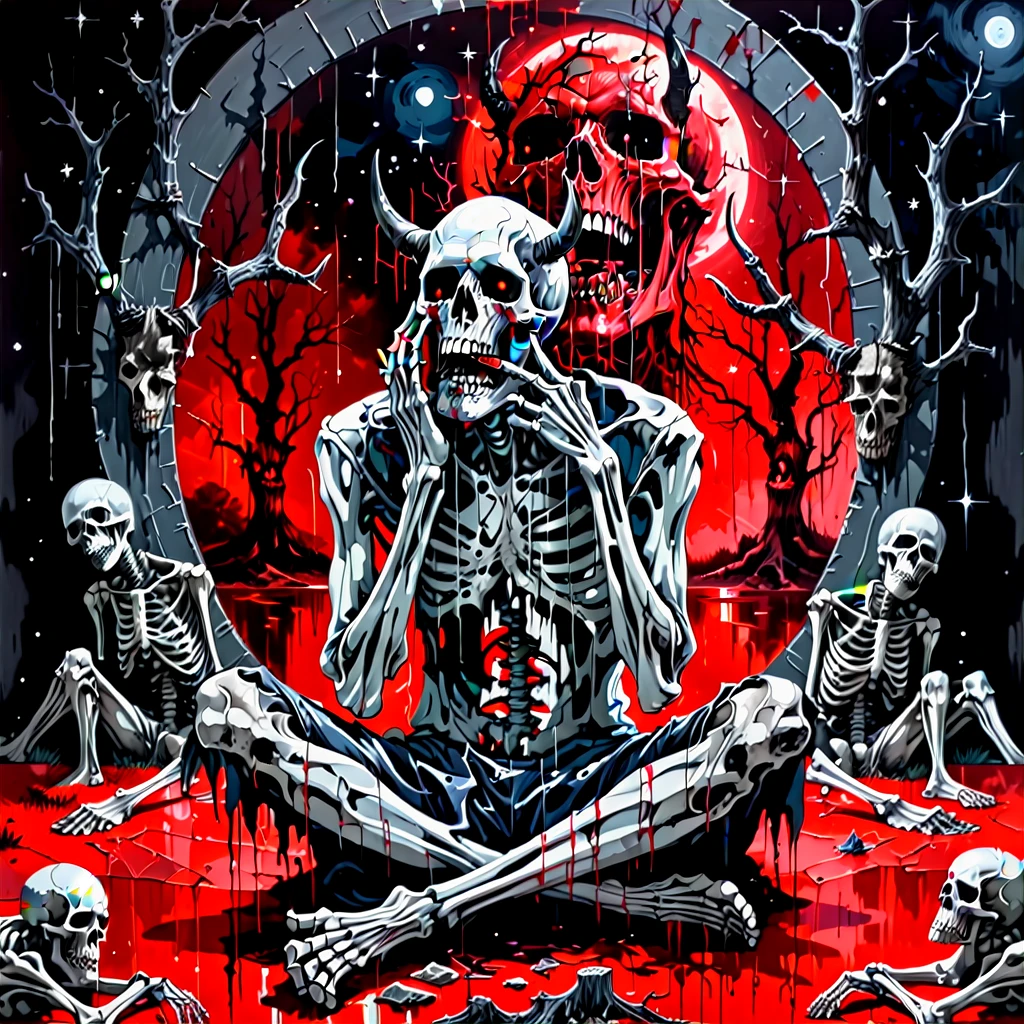 Horror_cg,a painting of a man sitting in front of a mirror with his hands on his knees and his face partially obscured by his hands,starry background,video art,red theme,derek gores,cosmic horror,sharp teeth,a creepy tree with a skull on it and a full moon in the background with a creepy tree in the foreground,a skeleton with a bloody face and hands in the dark with a full moon behind it,surrounded by other heads,a drawing of a demon with long horns and a demon head on it's face,<lora:horror_by_cgsdxl:0.5>,