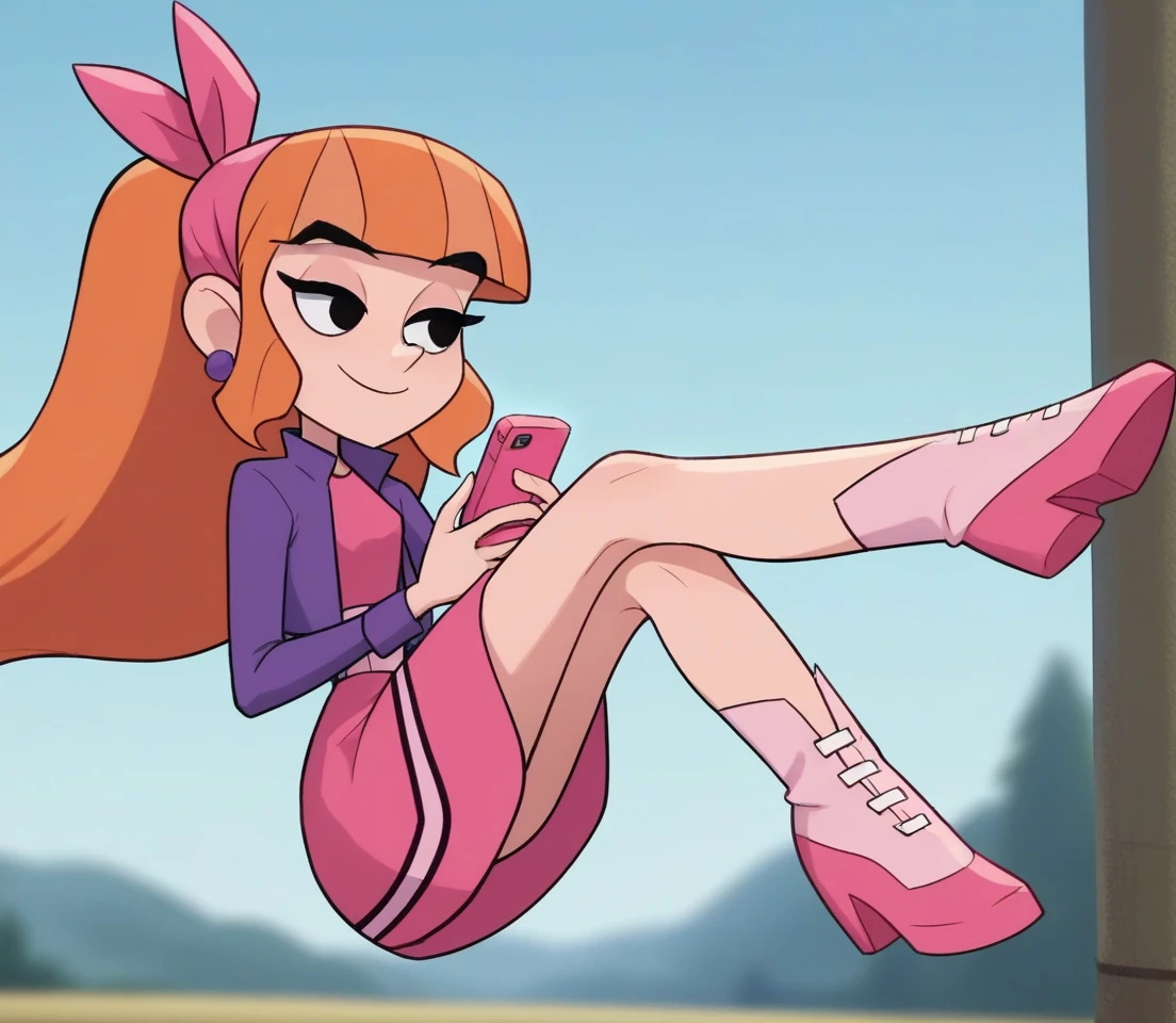 teodora, score_9, score_8_up, score_7_up, score_6_up, score_5_up, score_4_up,source_anime, 2d anime, masterpiece 2d art, teodorapony,1girl, solo, jewelry, earrings, long hair, orange hair, black eyes, bandana, bangs, ponytail,smiling ,looking at viewers, full body, floating, (depth of field:1.4), (flower garten:1.4),holding a smartphone <lora:teodorapony:0.8>