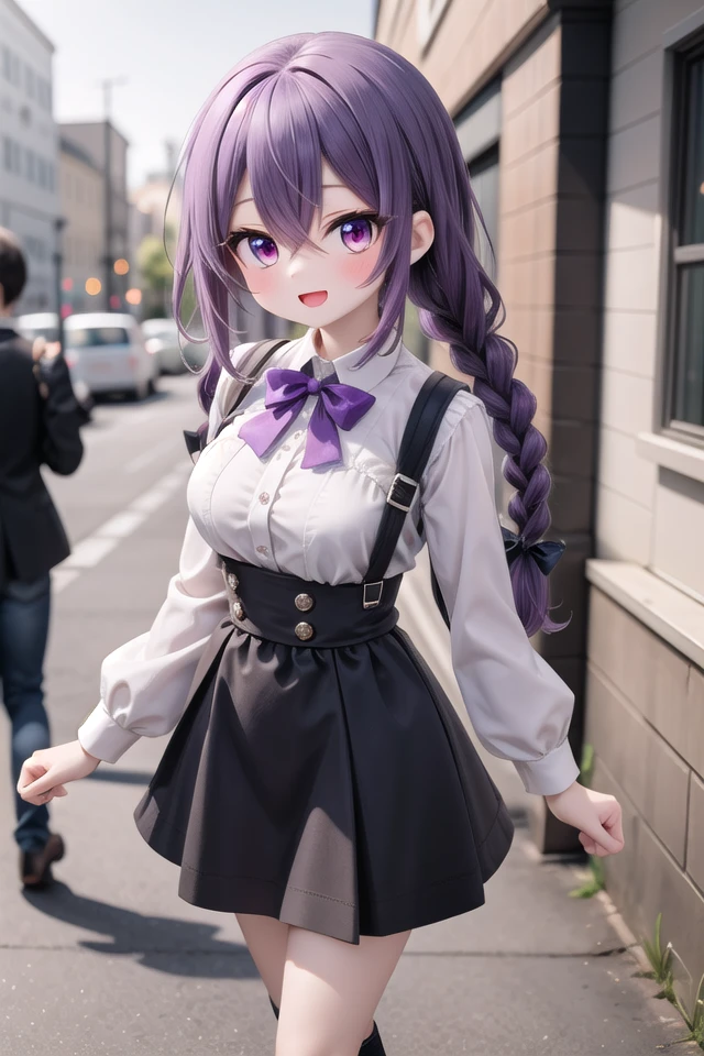 insanely detailed, absurdres, ultra-highres, ultra-detailed, best quality,
1girl, solo, nice hands, perfect hands
BREAK
braid, shirt, holding, mary janes, socks, black skirt, long hair, white shirt, suspender skirt, white socks, long sleeves, ribbon, suspenders, standing, ruffles, black ribbon, bow , black bow tie, long skirt, black bow, neck ribbon, bowtie, bag
BREAK
(nsfw:-1.5)
BREAK
happy smile, laugh, open mouth
BREAK
standing, cowboy shot, looking at viewer
BREAK
slender, kawaii, perfect symmetrical face, ultra cute girl, ultra cute face, ultra detailed eyes, ultra detailed hair, ultra cute, ultra beautiful
BREAK
in school ground, depth of field, ultra detailed background
BREAK
large breasts
BREAK
(purple hair:1.3), red eyes, milkmaid braids, hair between eyes