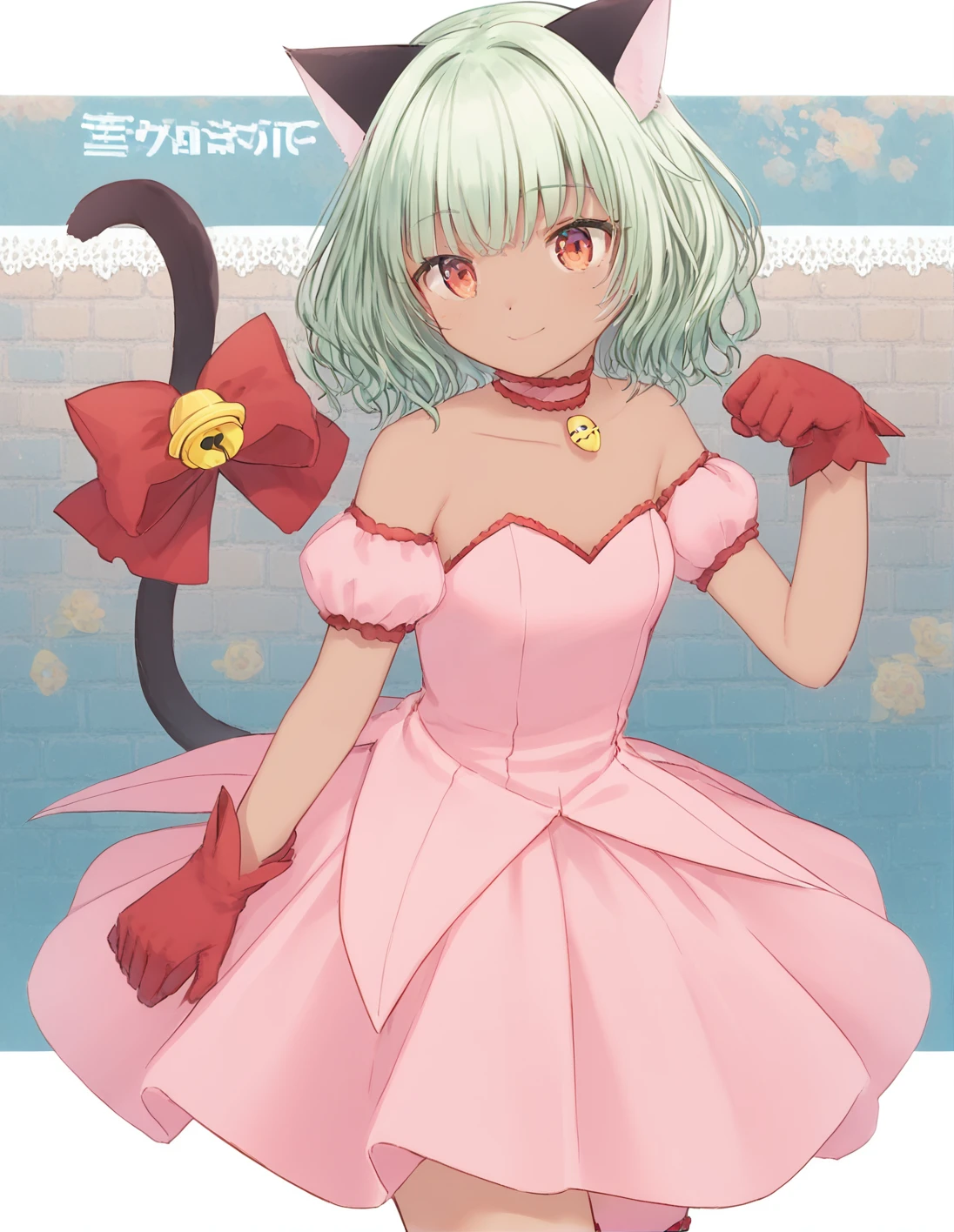 score_9, score_8_up, score_7_up, best quality, masterpiece, 4k, uncensored, prefect lighting, rating_explicit, very aesthetic, anime ,absurdres ,zPDXL, zPDXLpg,1girl, solo, <lora:sdxl-lyco-mew_ichigo-cosplay-ponyDiffusionV6XL-v1:1>, mew_ichigo_cosplay, frizzy hair, light green hair, (dark skin:1.1) , diagonal bangs, tail bow, gloves, cat tail, red gloves, tail bell, choker, detached sleeves,pink dress, strapless, relaxed posture, elbows extended, standing, ,,smile, best quality, very aesthetic, ultra-detailed, intricate details, 4k,BREAK in mid air