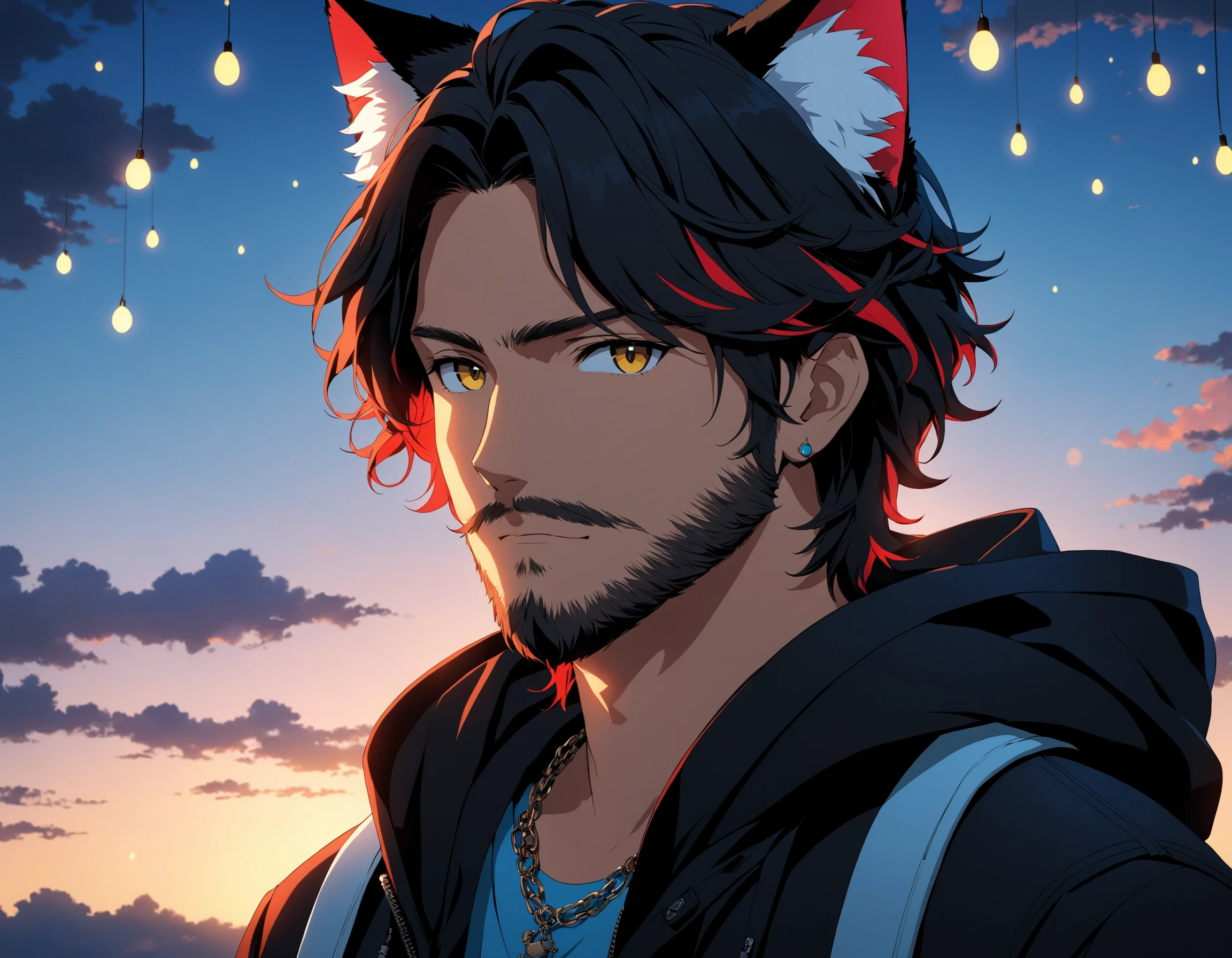 solo, long hair, looking at viewer, shirt, black hair, 1boy, animal ears, jewelry, collarbone, jacket, yellow eyes, upper body, male focus, red hair, outdoors, open clothes, sky, cloud, cat ears, hood, necklace, black jacket, animal ear fluff, parted bangs, black shirt, facial hair, hood down, hooded jacket, beard, pendant, stubble, cinematic angle, cinematic lighting, masterpiece, official art, LuT_BR_Neon