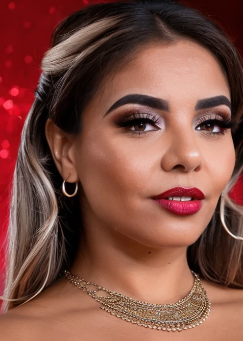 glamorous photo of a captivating masterpiece of an woman in a criss-cross neckholder dress, necklace, jewelry, earrings, half body, The intricate lace and gold details exude a very rebellious aura. ((The use of high-shine gloss adds a touch of glamour to the look)), ((while the deep red and black hues give it a dramatic vibe)), blurred background, studio ligthing, facing camera, shallow depth of field, <lora:MS_MalenaDoll_V1_32:0.8>, high fashion, luxurious, extravagant, stylish, sensual, opulent, elegance, stunning beauty, professional, high contrast, detailed