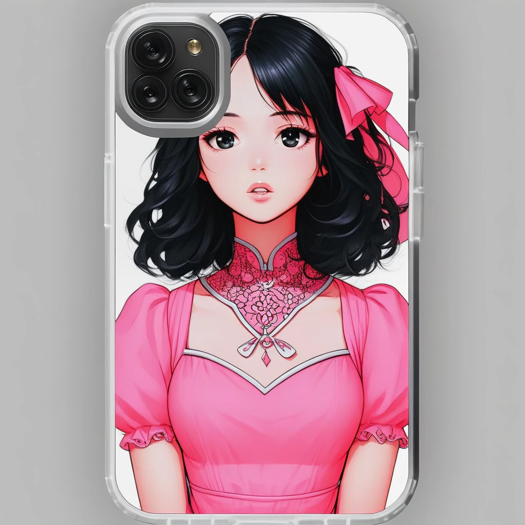 phone, object, 1girl, solo, pink dress, parted lips, black hair