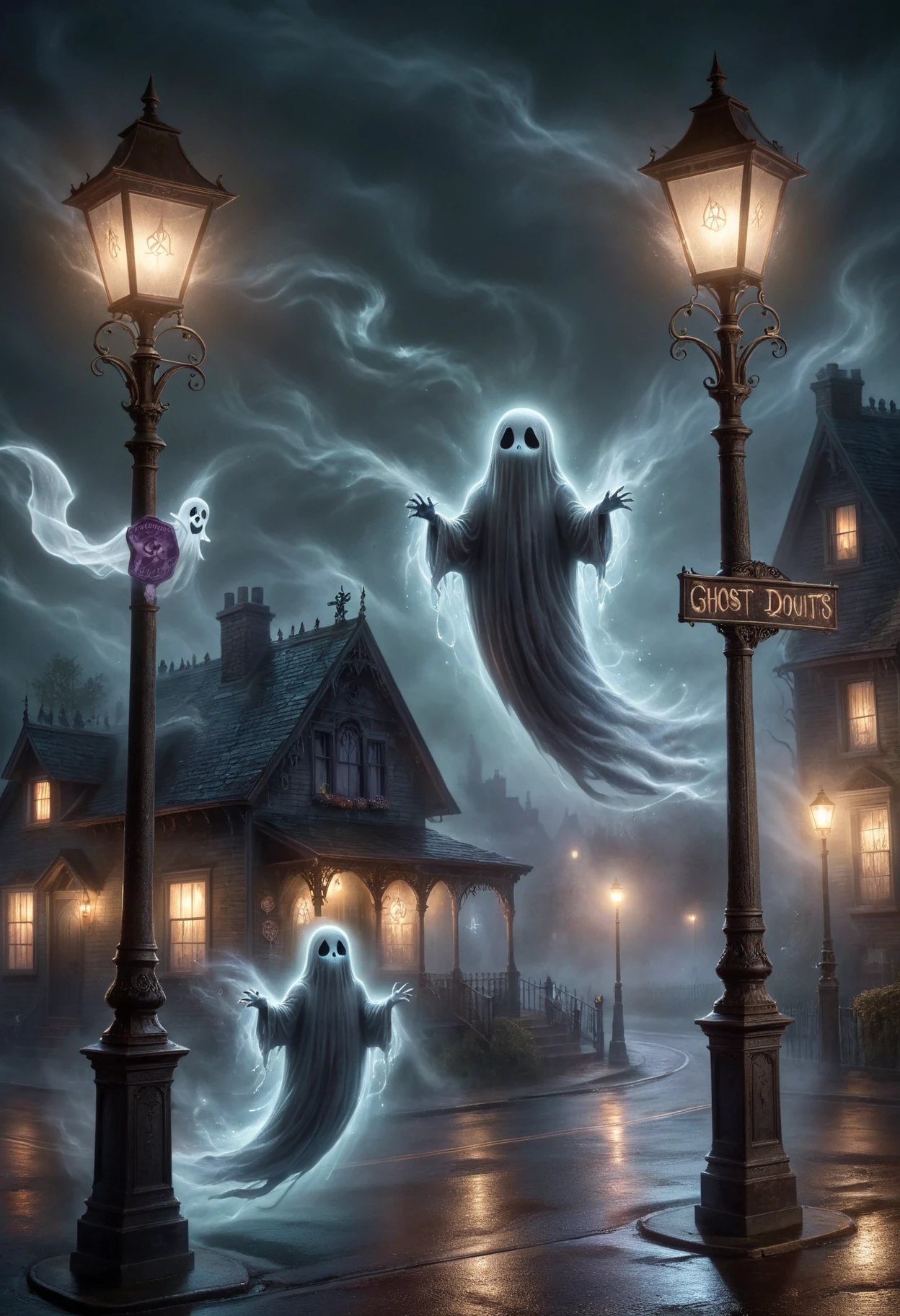 DonMM0rg4n4XL  ghost, haunted, cider donuts, haunted streetlamps,  <lora:DonMM0rg4n4XL:1>