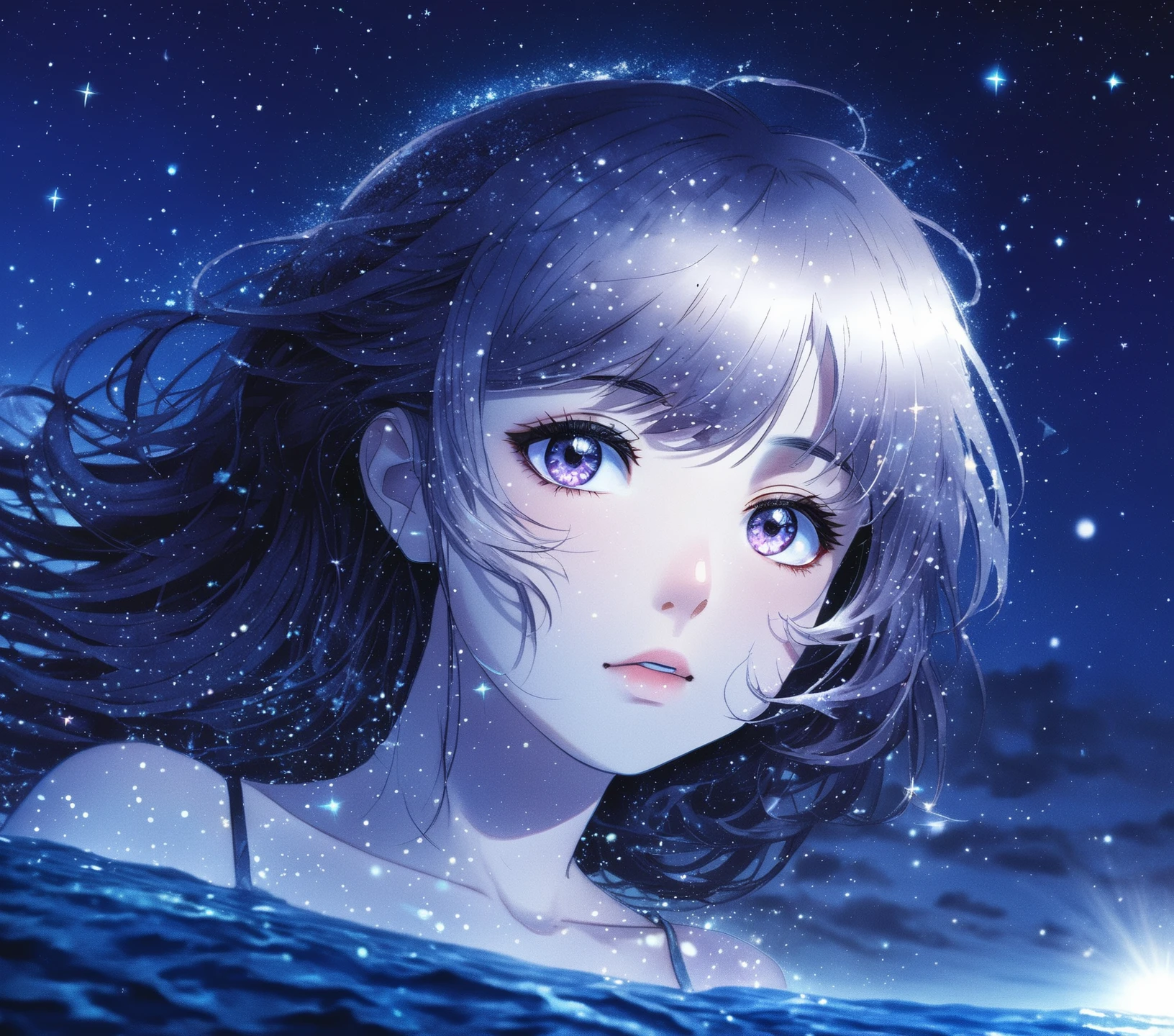 illustration, stars in the eyes, dishevelled hair, Starry sky adorns hair, 1girl,sparkling anime eyes, beautiful detailed eyes, beautiful detailed stars, stars, emerging dark purple across with white hair, multicolored hair, beautiful detailed eyes, beautiful detailed sky, beautiful detailed water, cinematic lighting, dramatic angle, by artist Chiho Aoshima