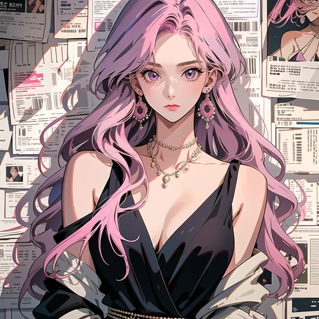 jewelry,pink hair,1girl,earrings,long hair,necklace,solo,looking at viewer,off shoulder,upper body,bare shoulders,breasts,bangs,purple eyes,cleavage,closed mouth,collarbone,black shirt,<lora:gangfeng:1>,, masterpiece, best quality, (((masterpiece))), (((best quality))), ((ultra-detailed)),