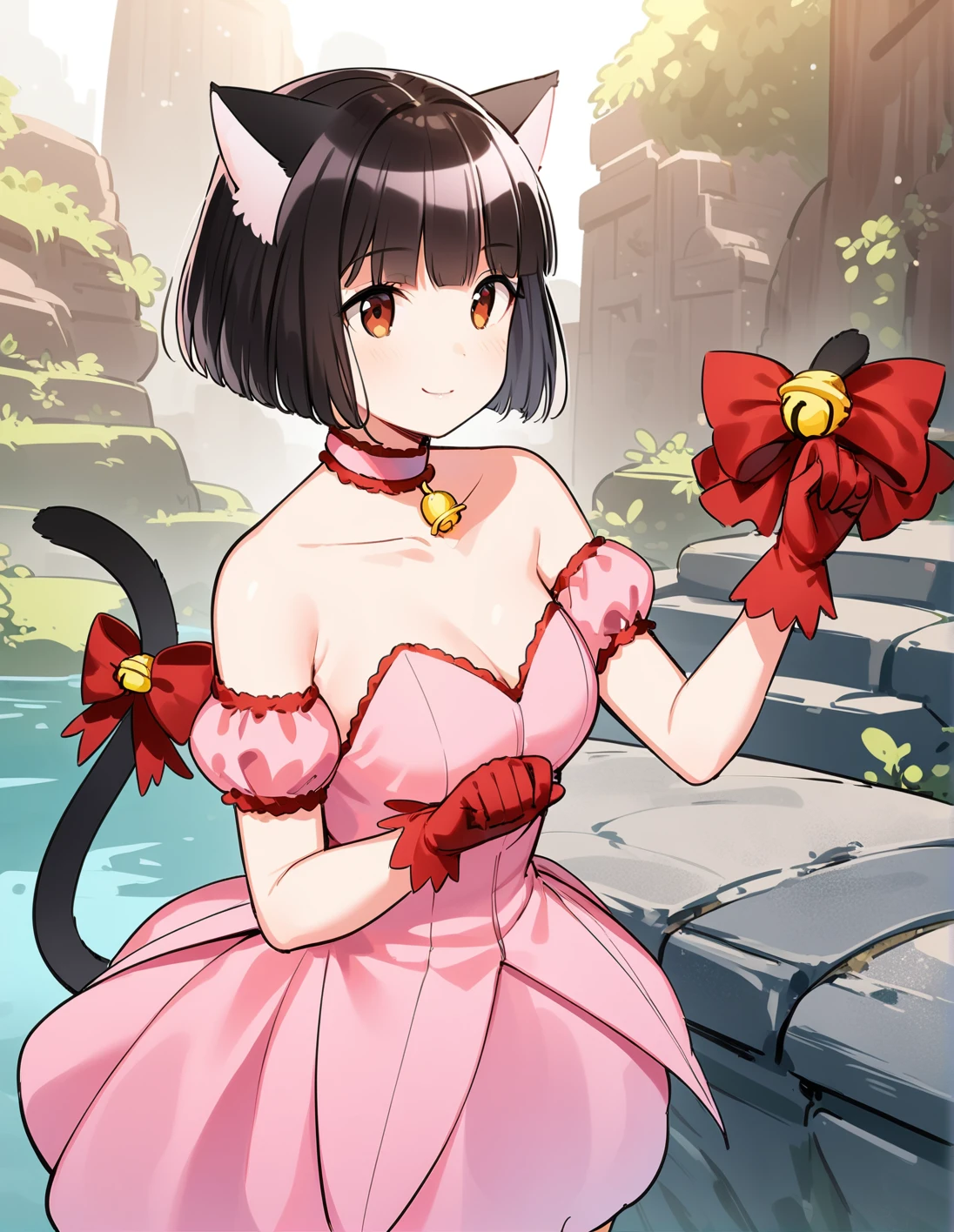 1girl, solo, <lora:sdxl-lyco-mew_ichigo-cosplay-animagine_xl_3_1-AdamW8bit-v1-1-1:1:lbw=0,0,0,0,0,0,0,0,1,1,0,0,0,0,1,1,1,0,0,0,0,0,0,0,0,0>, mew_ichigo_cosplay, bowl cut hair, black hair, , tail bow, gloves, cat tail, red gloves, tail bell, choker, detached sleeves,pink dress, strapless, relaxed posture, elbows extended, standing, ,,smile, best quality, very aesthetic, ultra-detailed, intricate details, 4k,BREAK in the distant future