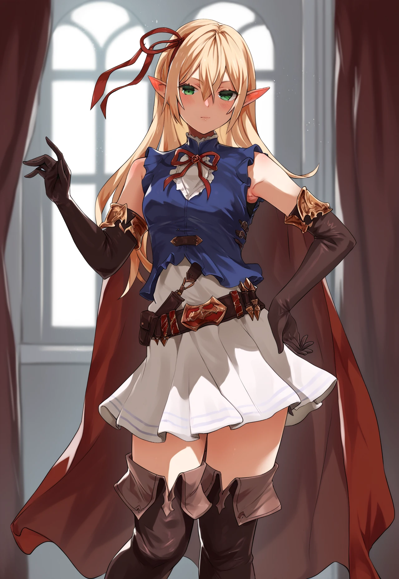 asanagi,  (score_9, score_8_up, score_7_up, :1.2)  detailed, highres, absurdres, a girl standing indoors, 1girl,   solo, standing, looking at viewer,  hand on hip, contrapposto , indoors,
elf, gloves, blush, blonde hair,  elbow gloves, red ribbon, hair between eyes, green eyes, skirt, sleeveless, dress,  bare shoulders, shirt,  belt, sleeveless shirt, boots, thigh boots, white skirt,  black gloves,  frills,  brown footwear,  pleated skirt, miniskirt, sidelocks, blue shirt, sleeveless dress,  white dress, short dress,  red cape,   brown belt, buckle, red bow, knee boots, high heels, armlet
[[hands]], rating_safe   <lora:sdxl_asanagi_v1:0.4>    <lora:ArisaPonyTest:1>