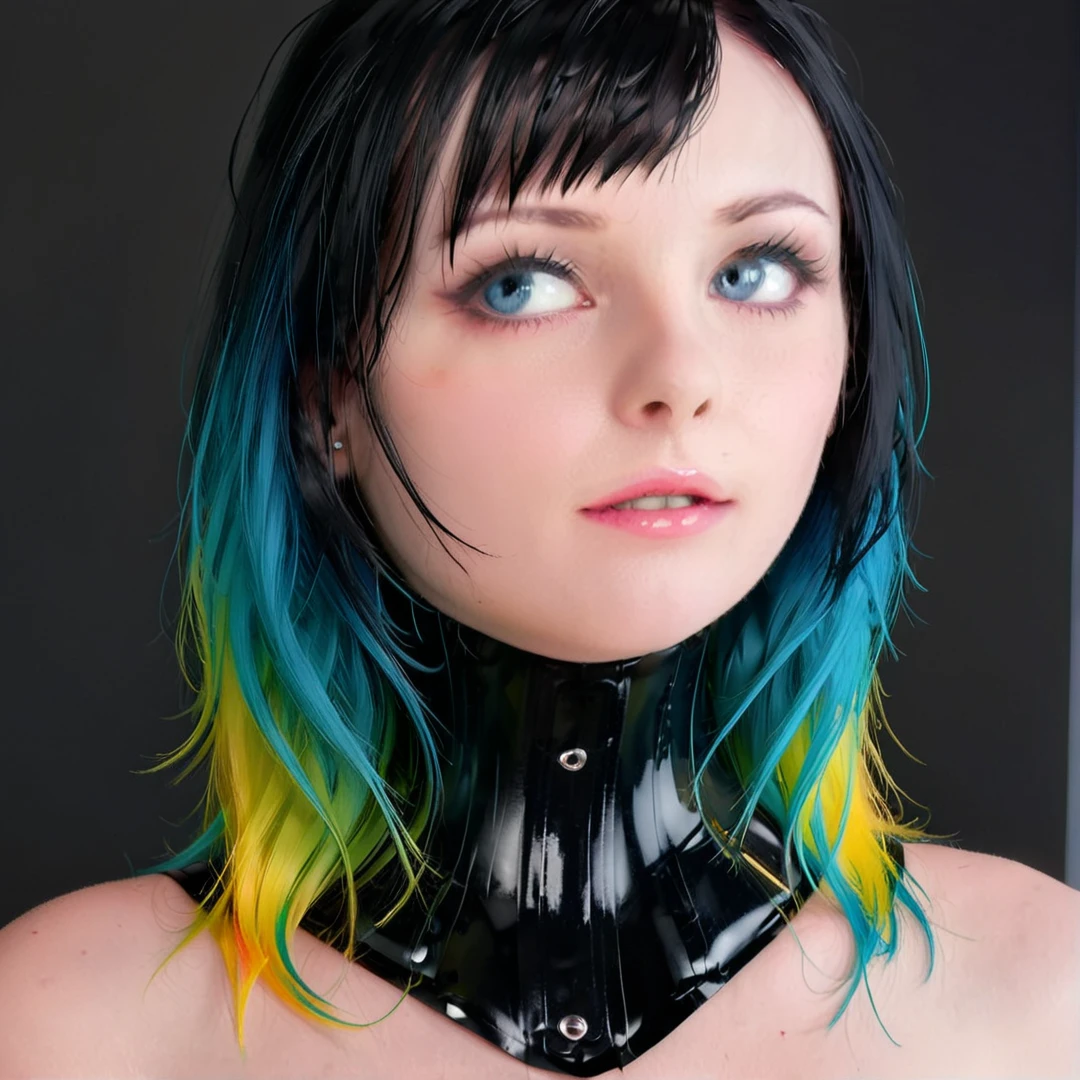 <lora:neckcorset:0.5> pale skinned emo goth girl with blue eyes and multicolored hair, black latex clothes, head and shoulders, Masterpiece;highly detailed; extreme,octane render, zbrush, blender, 3d,post-processing,HDR; lightning; volumetric; cinematic; ray tracing; RTX;radiant light rays,subsurface scattering,soft edge lighting,realistic shadows;vibrant colors,high-res, 8k,16k,32k,Playful shadows dance across her face,