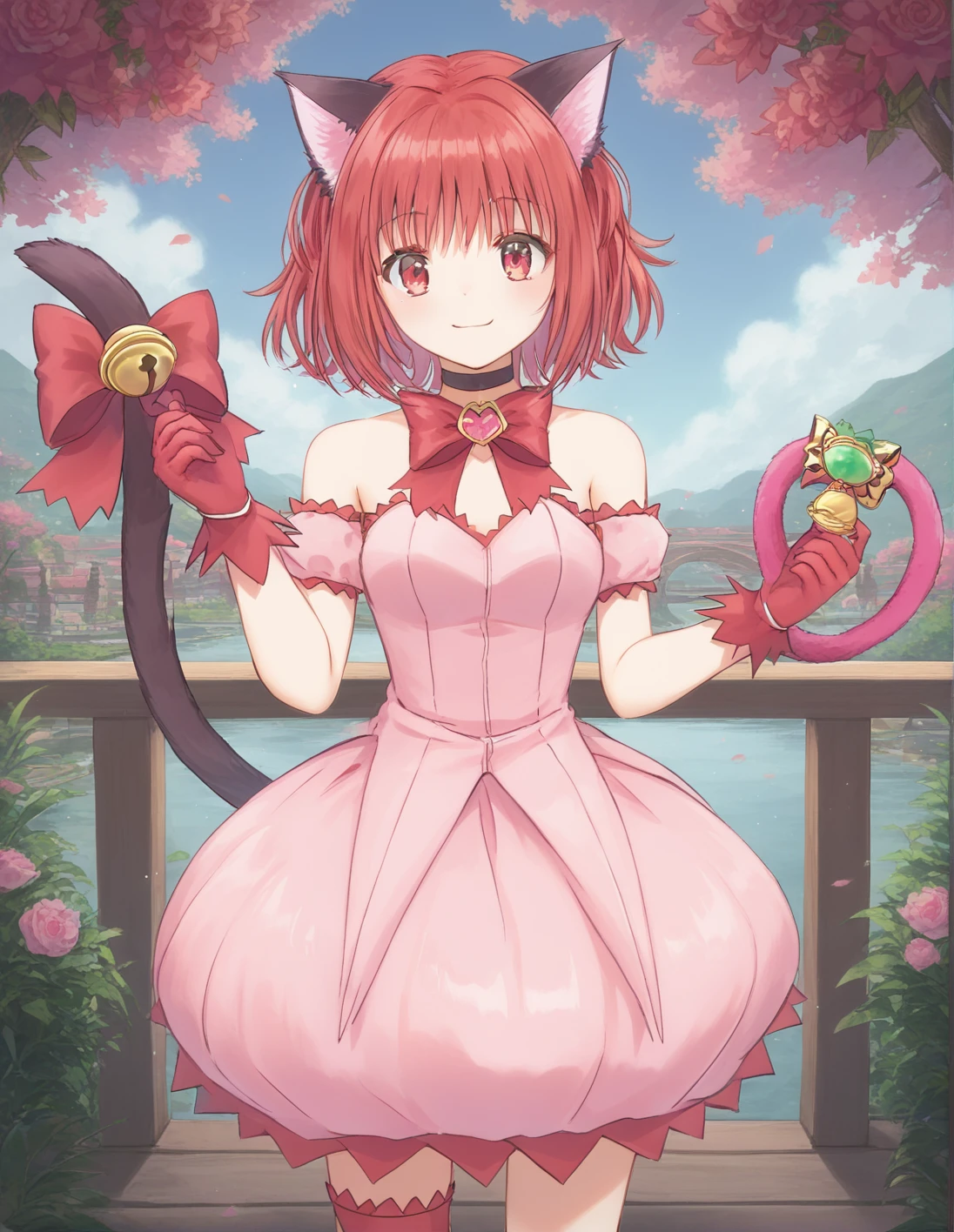 score_9, score_8_up, score_7_up, best quality, masterpiece, 4k, uncensored, prefect lighting, rating_explicit, very aesthetic, anime ,absurdres ,zPDXL, zPDXLpg,1girl, solo, <lora:sdxl-lyco-mew_ichigo-remake-ponyDiffusionV6XL-AdamW8bit-v1-1-1:1:lbw=0,0,0,0,0,0,0,0,1,1,0,0,0,0,1,1,1,1,1,1,0,0,0,0,0,0>, mew_ichigo_remake, tail bow, gloves, cat tail, red gloves, tail bell, choker, detached sleeves,pink dress, strapless, relaxed posture, elbows extended, standing, ,,smile, best quality, very aesthetic, ultra-detailed, intricate details, 4k,BREAK on a wooden bridge