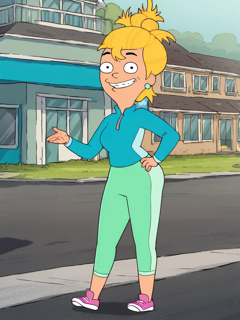 <lora:AnnieHarrisPony1.0:1> annieharris, blonde hair, 1girl, solo, earrings, hair bun, green pants, blue track jacket, long sleeves, smile,standing, outdoors, pink sneakers,looking at viewer, hand on own hip,, score_9, score_8_up, score_7_up, score_6_up, score_5_up, score_4_up