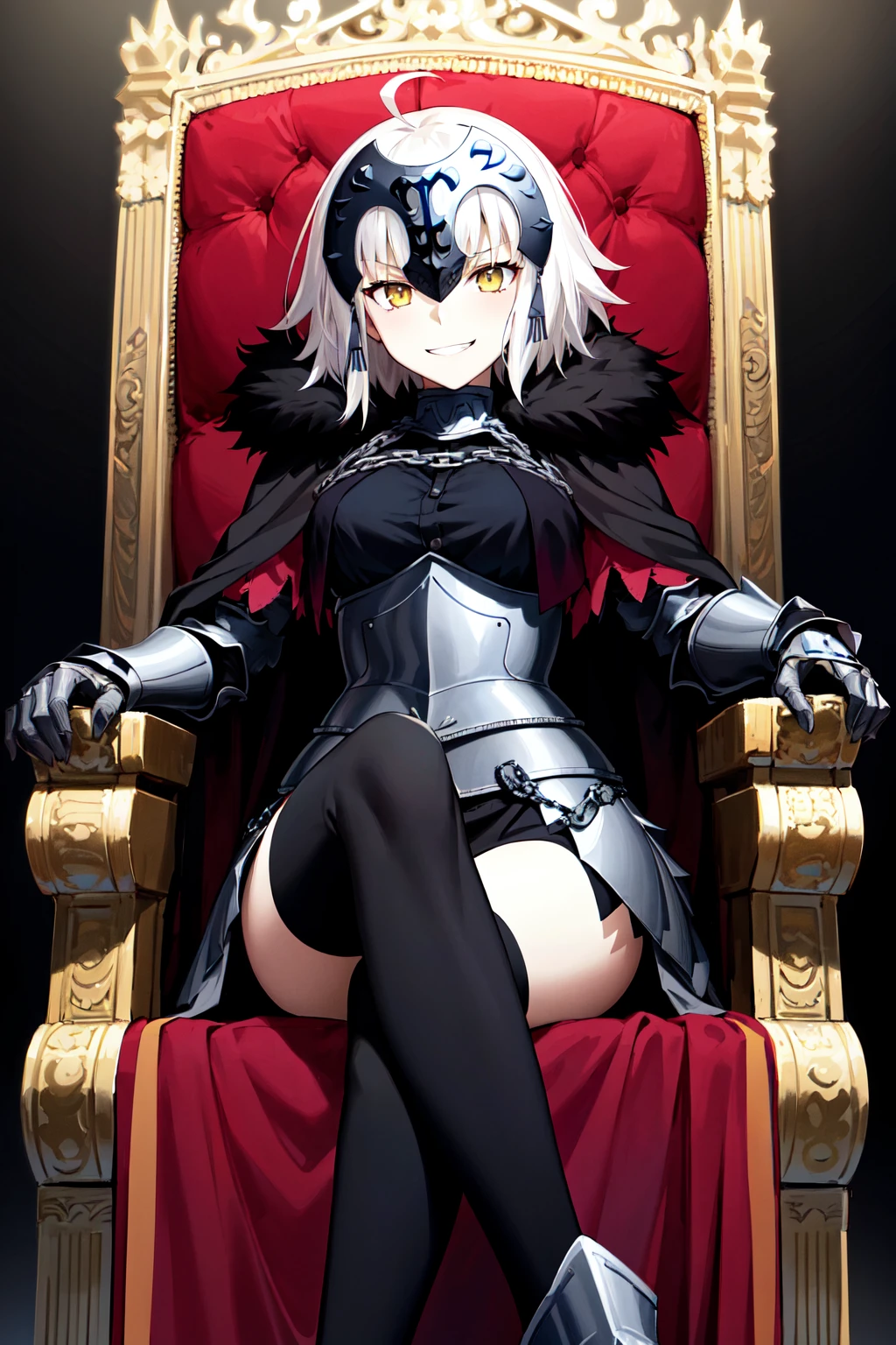 masterpiece, best quality, highres, aajda, short hair, white hair, ahoge, headpiece, fur trim, black cape, armor, armored dress, gauntlets, black thighhighs, <lora:jeanne_d'arc_alter_(fate)_v1:0.7>, sitting, crossed legs, throne, grin, indoors