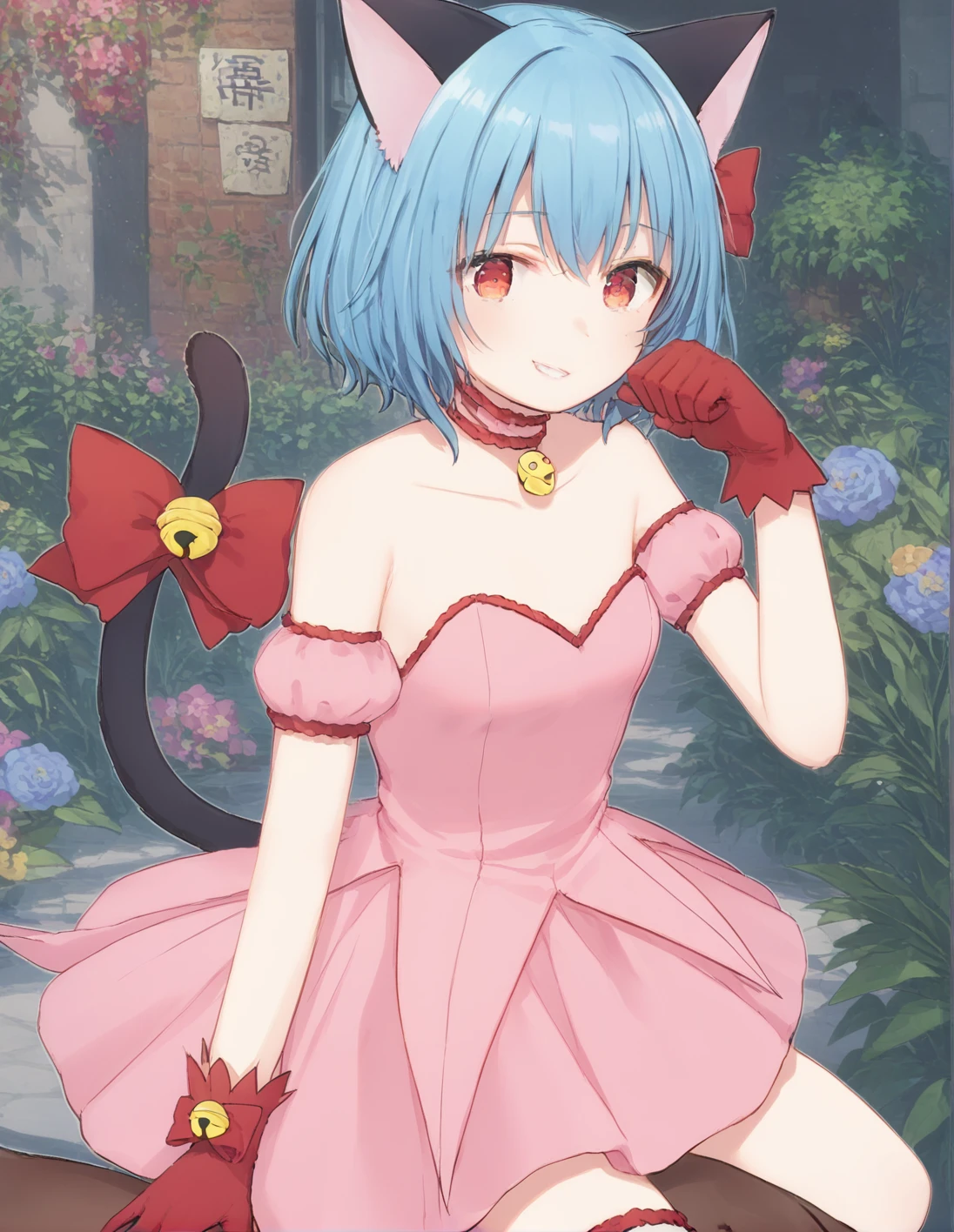 score_9, score_8_up, score_7_up, best quality, masterpiece, 4k, uncensored, prefect lighting, rating_explicit, very aesthetic, anime ,absurdres ,zPDXL, zPDXLpg,1girl, solo, <lora:sdxl-lyco-mew_ichigo-cosplay-ponyDiffusionV6XL-v1:1>, mew_ichigo_cosplay, marcelling hair, dark blue hair, tail bow, gloves, cat tail, red gloves, tail bell, choker, detached sleeves,pink dress, strapless, relaxed posture, elbows extended, standing, ,,smile, best quality, very aesthetic, ultra-detailed, intricate details, 4k,BREAK riding a horse