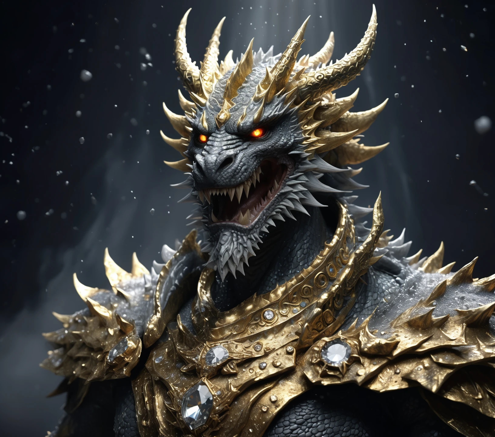 Ultra realistic (Dragon king:1.2) portrait, misty dark atmosphere, (gold and diamonds treasure background:1.2), (dust particles:1.2), professional photography, light rays, insane detail, extreme detail, high poly, hdr, ambient occlusion, art-full. BREAK bright intense gold, dark theme, dynamic lighting, (soft shadows), (sharp focus), (photo realistic), extreme details, uhd, 8k