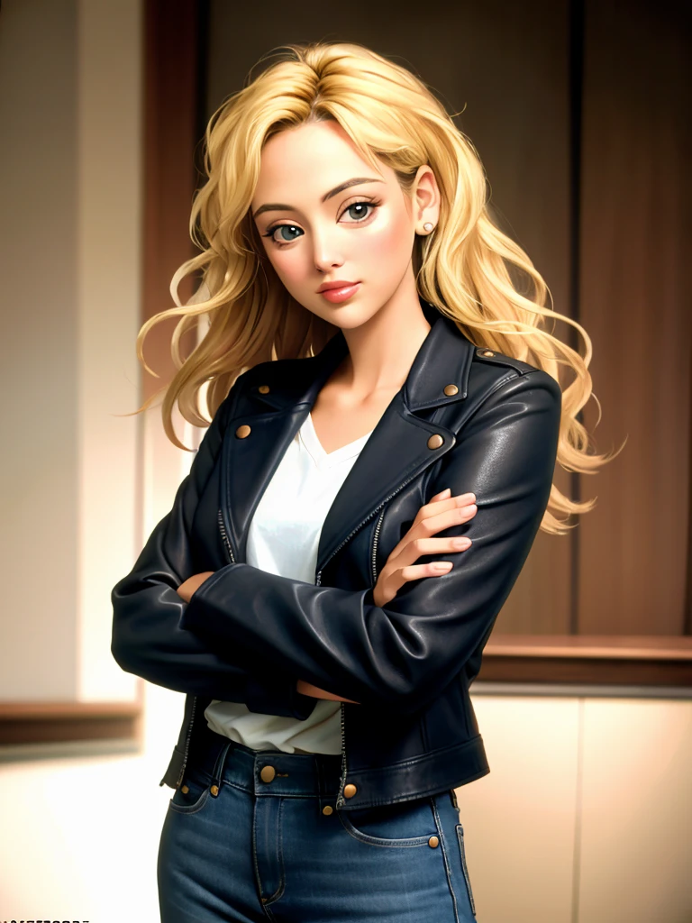 Realistic photo of a beautiful v1rg1n14m woman,1girl, solo, long hair, looking at viewer, blonde hair, jacket, flower, blurry, lips, black jacket, crossed arms, denim, realistic, leather, leather jacket, soft lighting, professional Photography, Photorealistic, detailed, RAW, analog, sharp focus, 8k, HD, DSLR, high quality, Fujifilm XT3, film grain, award winning, masterpiece<lora:v1rg1n14m:1.0>