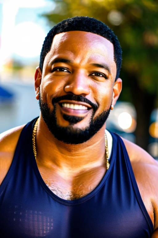 <lora:Laz_Alonso_Lora-10:0.9>, laz alonso, tank top, portrait, outdoor background
