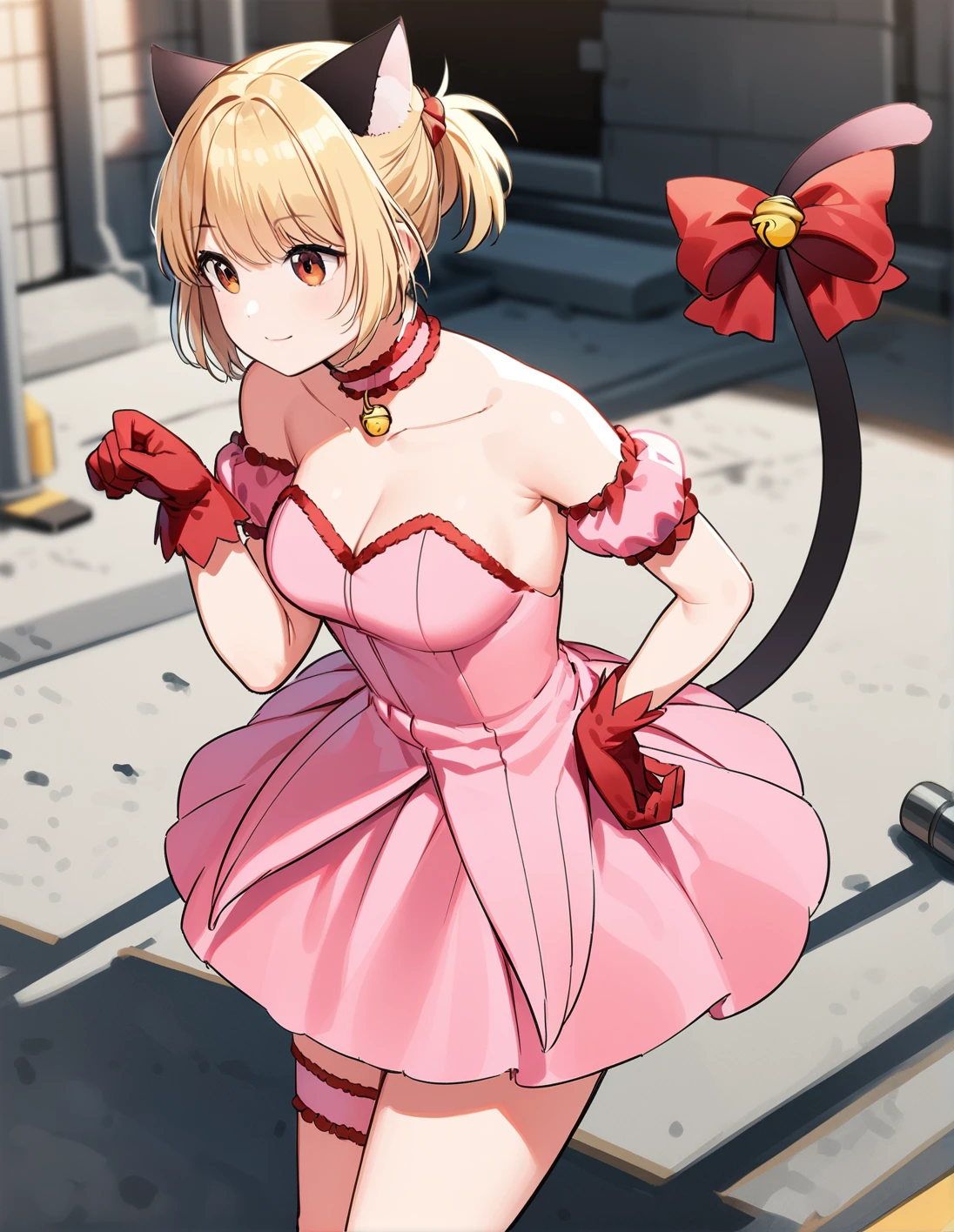 1girl, solo, <lora:sdxl-lyco-mew_ichigo-cosplay-animagine_xl_3_1-AdamW8bit-v1-1-1:1:lbw=0,0,0,0,0,0,0,0,1,1,0,0,0,0,1,1,1,0,0,0,0,0,0,0,0,0>, mew_ichigo_cosplay, short ponytail, blonde hair, , tail bow, gloves, cat tail, red gloves, tail bell, choker, detached sleeves,pink dress, strapless, relaxed posture, elbows extended, standing, ,,smile, best quality, very aesthetic, ultra-detailed, intricate details, 4k,BREAK on a construction site