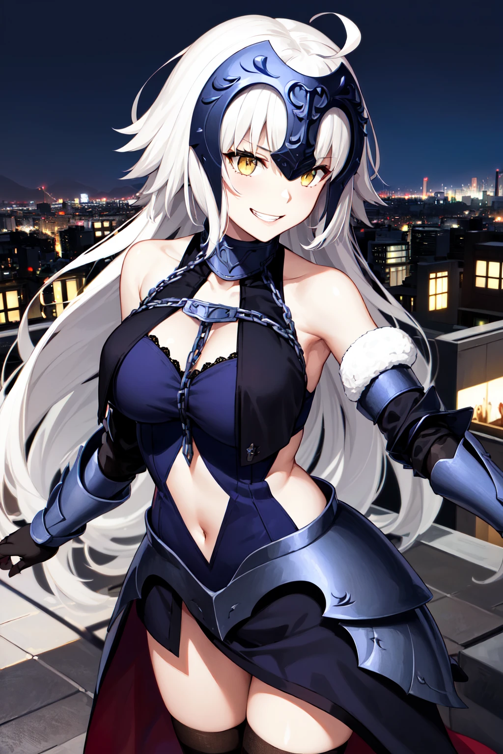 masterpiece, best quality, highres, bbjda, long hair, white hair, ahoge, headpiece, collar, bare shoulders, blue dress, clothing cutout, gauntlets, navel cutout, faulds, fur-trimmed legwear, black thighhighs, <lora:jeanne_d'arc_alter_(fate)_v1:0.7>, city, night, rooftop, outstretched arms, grin, standing