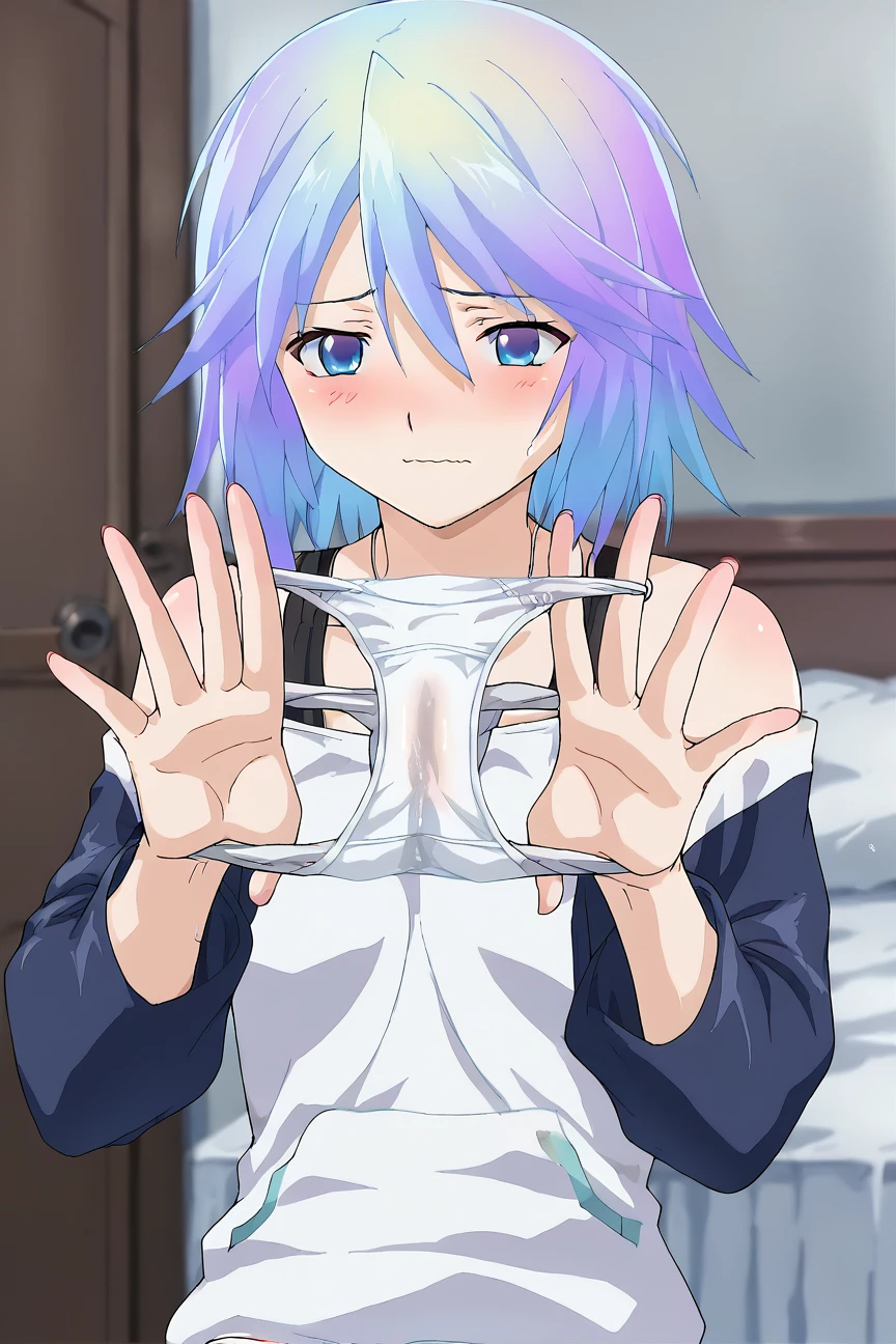 score_9, score_8_up, score_7_up, source_anime,Shirayuki Mizore, <lora:Shirayuki_Mizore_Pony:1>, iced hair, glowing hair, shy, blush, wavy mouth, messy hair, blue eyes, sp, underwear, panties, holding clothes, holding panties, holding underwear, white panties, pussy juice stain, ice on panty,<lora:Presenting_Panties_Pony:1>, background bedroom, best quality, masterpiece