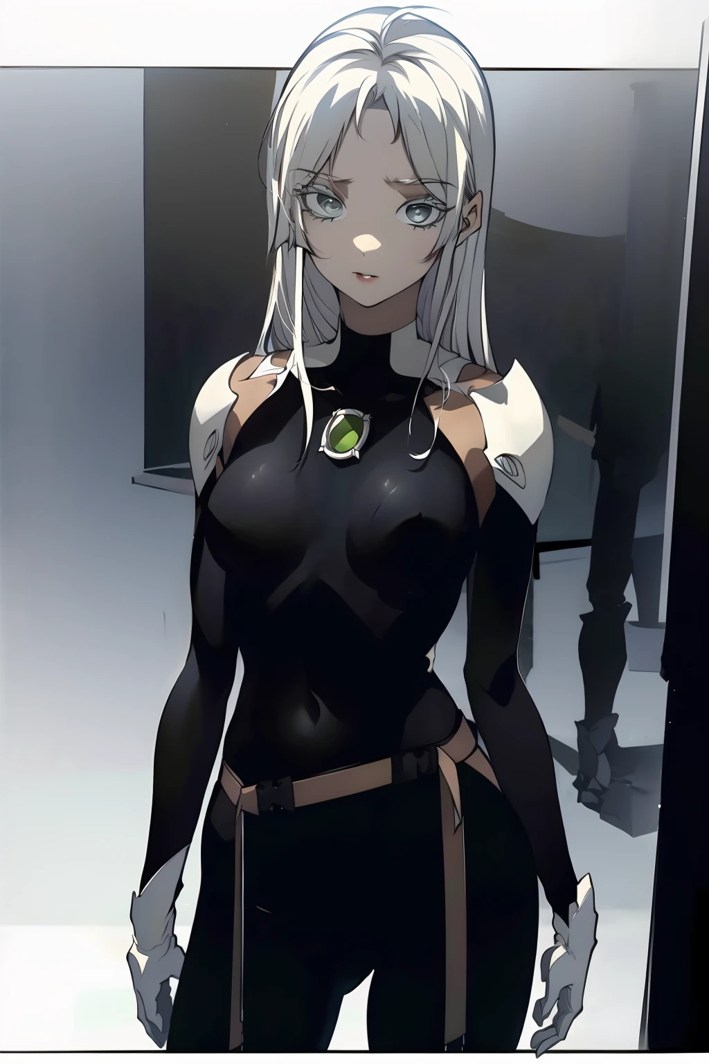 masterpiece, absurdres, long hair, 1girl, bodysuit, breasts, gloves, looking at viewer, solo, white hair, white gloves, grey eyes, medium breasts, belt, parted bangs, armor, black bodysuit, shoulder armor, <lora:Situ_Liu1.5-000011:1>