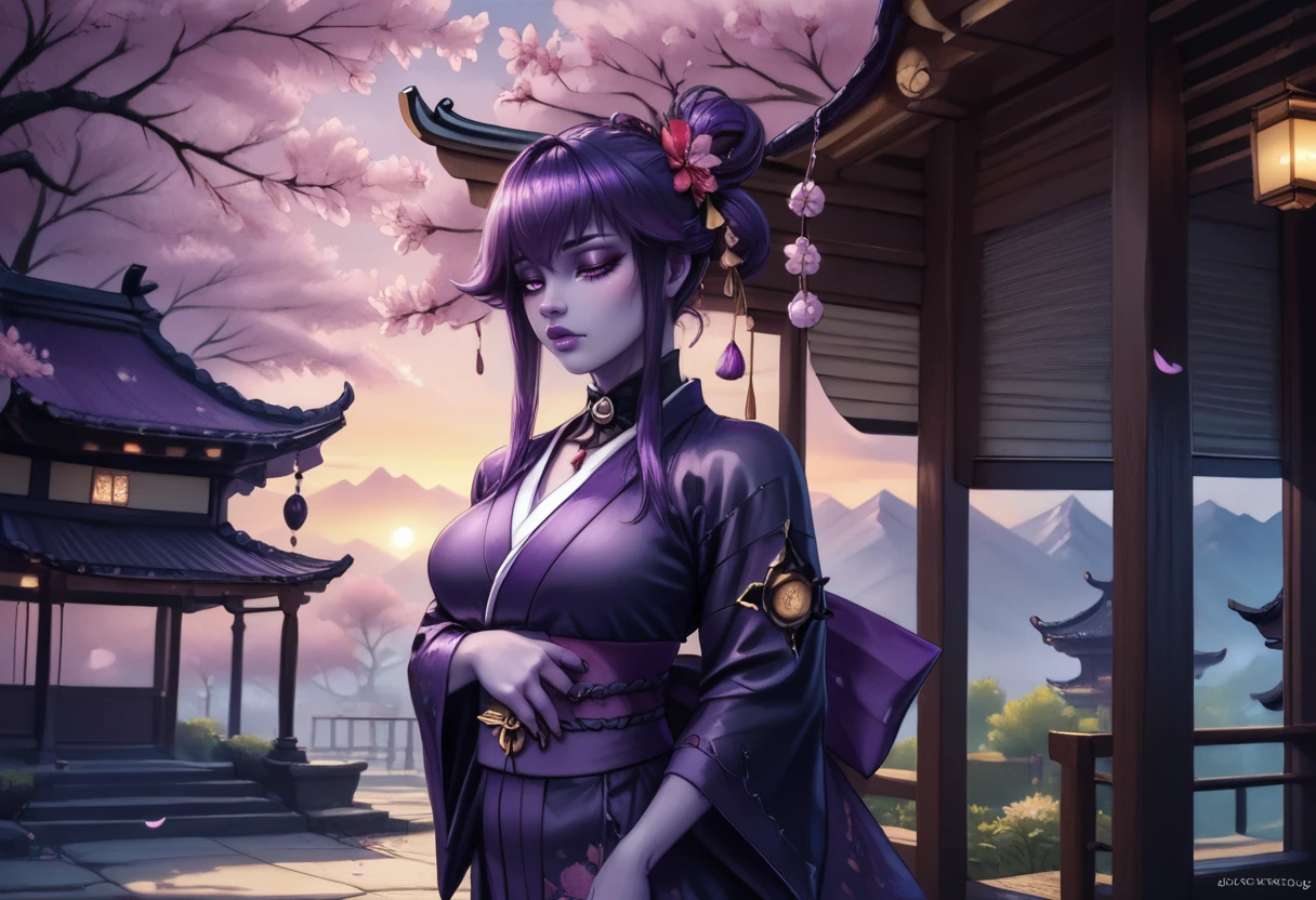 sh0ggoth, score_9, score_8_plus, score_7_plus, score_6_plus, Gothic style, purple skin, 1girl, solo, beautiful, high quality, best quality, highres, high detail, atmospheric lighting, Japanese kimono, traditional design, submissive pose, serene garden setting, cherry blossoms, sunset hues, vibrant, detailed, 8k resolution, <lora:MGE_-_Shoggoth_-_Pony:1>, <lora:RealisticAnime:0.8>