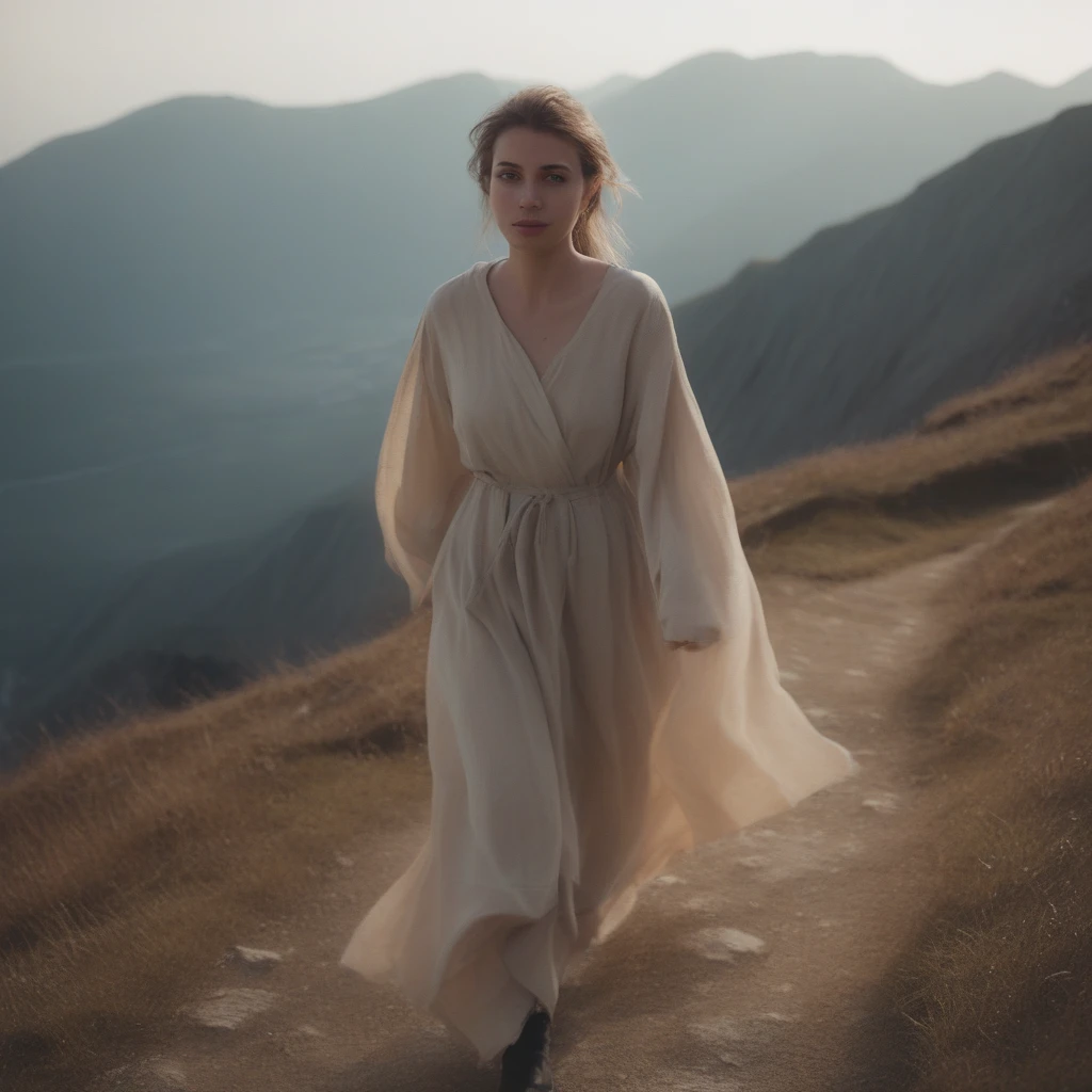 beautiful woman walking on montain