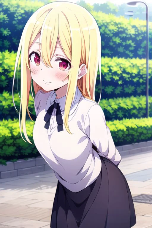 (masterpiece), amane lily, blonde hair, red eyes, 1girl, solo, smile, outdoors, long hair, blush, hair between eyes, arms behind back, looking at viewer, leaning forward, black ribbon, skirt, lamppost