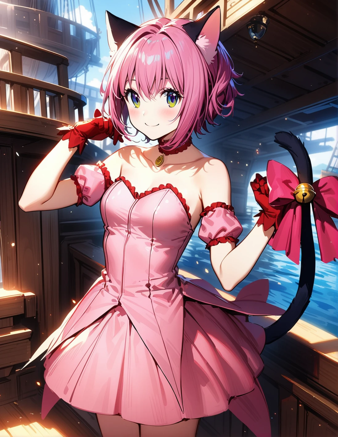 1girl, solo,<lora:sdxl-lyco-mew_ichigo-original-animagine_xl_3_1-v1:1>, mew_ichigo, tail bow, gloves, cat tail, red gloves, tail bell, choker, detached sleeves,pink dress, strapless, relaxed posture, elbows extended, standing, ,,smile, best quality, very aesthetic, ultra-detailed, intricate details, 4k,BREAK on a pirate ship