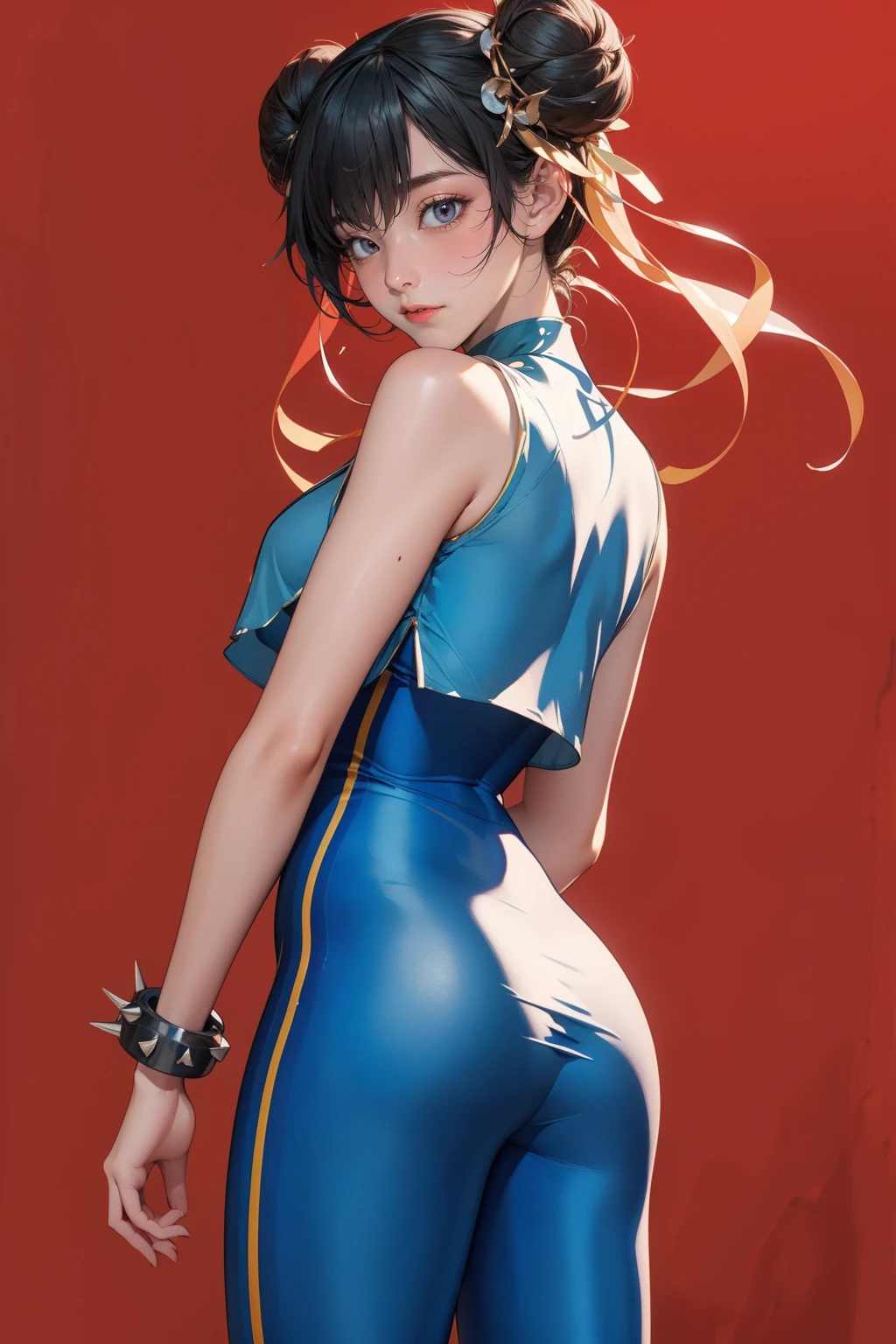 1girl,solo,red background,standing,ass,from behind,cowboy shot,,ruanyi0541,blue bodysuit,chinese clothes,spiked bracelet,sneakers,crop top,double bun,<lora:0541 cunli alternate costume_v1:1>, best quality,masterpiece,highres,official art,extremely detailed cg unity 8k wallpaper