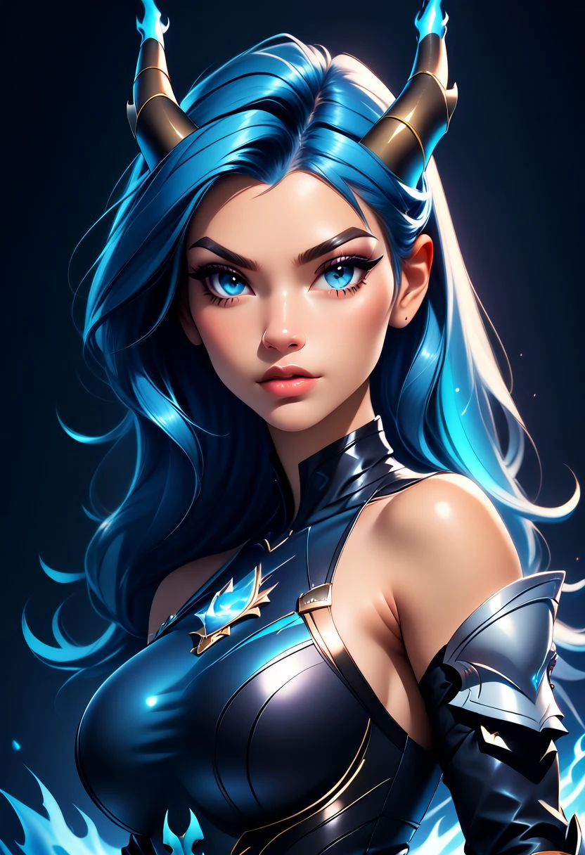 score_9, score_8_up, score_7_up, score_6_up, score_5_up, score_4_up score_9,score_8_up, digital art, upper body shot, realistic 3D illustration, 
BREAK, 
Charizard, horns, blue hair, long hair, blue eyes, black armor, breastplate, gauntlets, bare shoulders, blue fire, 
BREAK, 
soft lighting, contemplative expression, dark background, subtle makeup, high-resolution, detailed texture, emotional depth, dramatic mood, side profile, serene atmosphere, cinematic lighting. perfectly round breasts, big breasts, firm breasts, SkinHairDetail, eye contact, looking at viewer,