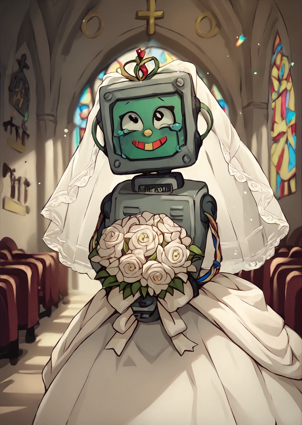 score_9, score_8_up, score_7_up, score_6_up, <lora:Electracey:0.8>, robot, 1girl, solo, white lace wedding dress, marriage, church, indoors, detailed background, smile, tears of joy, crowd, bouquet