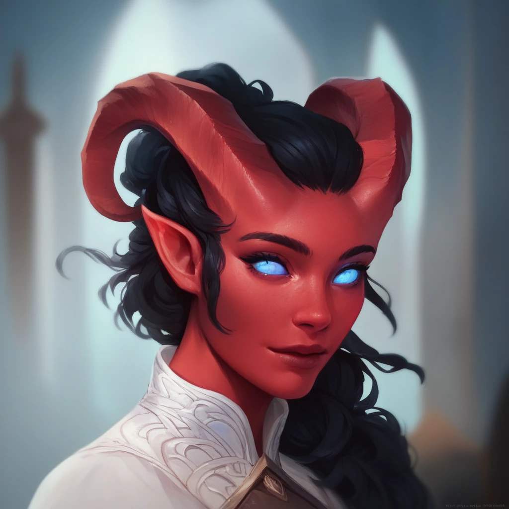 (((beautiful, high quality))), portrait, score_9, score_8_up, score_7_up, Tiefling, pointed ears, horns, colored sclera, 1girl, red skin, black hair, blue eyes, white shirt, fantasy background, blurred background