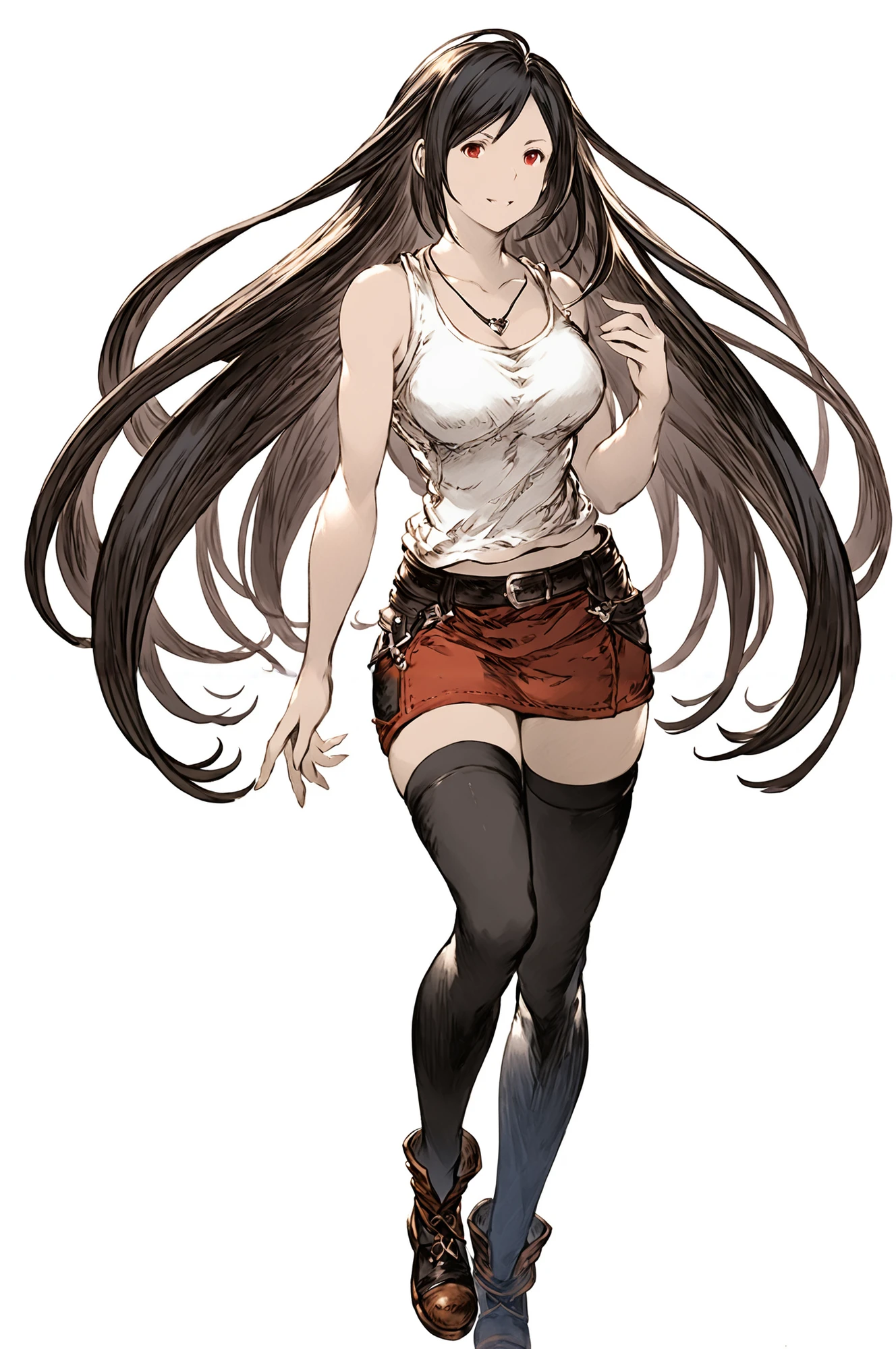 (white_background:1), tifa lockheart, black skirt, black hair, red eyes,
 <lora:akihiko_yoshida_style_pony:0.6>, <lora:granblue_fantasy_style_xl:1.6> granblue_fantasy_style_xl, granblue, penSketch_style, (ink sketch, hatching), <lora:pensketch_without_pen_lora:0.5> <lora:Brave_Exvius_ArtStyle:1>