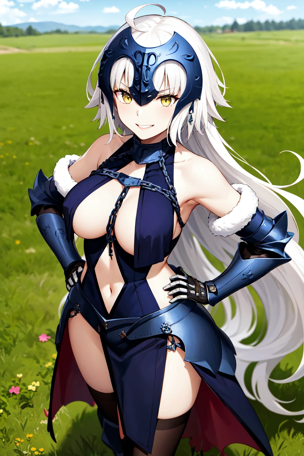 masterpiece, best quality, highres, bbjda, long hair, white hair, ahoge, headpiece, collar, bare shoulders, blue dress, clothing cutout, gauntlets, navel cutout, faulds, fur-trimmed legwear, black thighhighs, <lora:jeanne_d'arc_alter_(fate)_v1:0.7>, hands on hips, evil smile, outdoors, from above, field