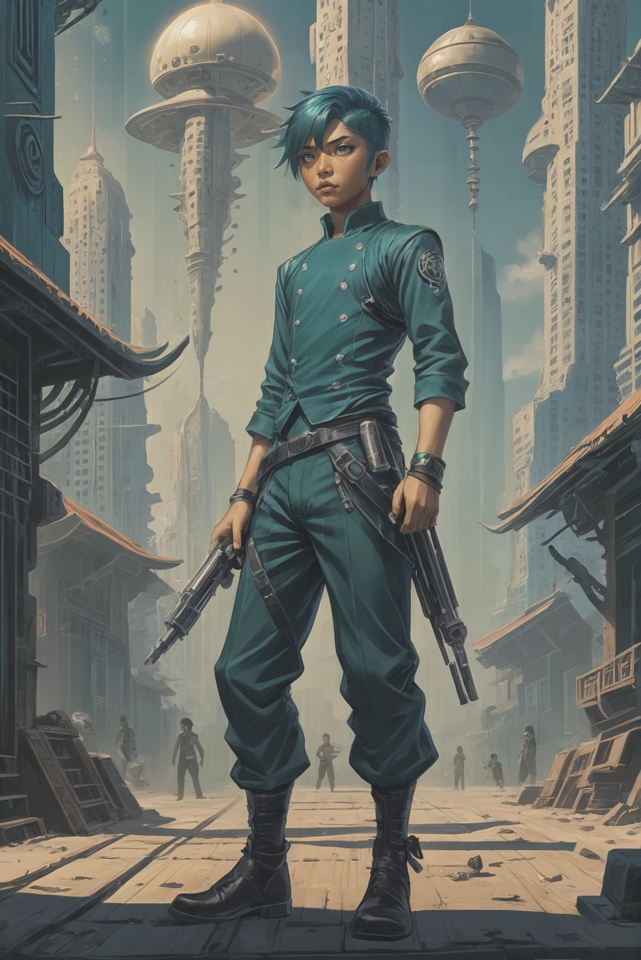 dieselpunk art deco poster
(full body:1.2), 1boy, man, handsome, solo, [:fantastical costume design,:0.2] gunslinger, (asian:1.3), deep turquoise hair, (slim:1) build, subterranean fantasy village beyond the beginning of the universe<lora:EnvyStarlightArtDecoPoster01:1>