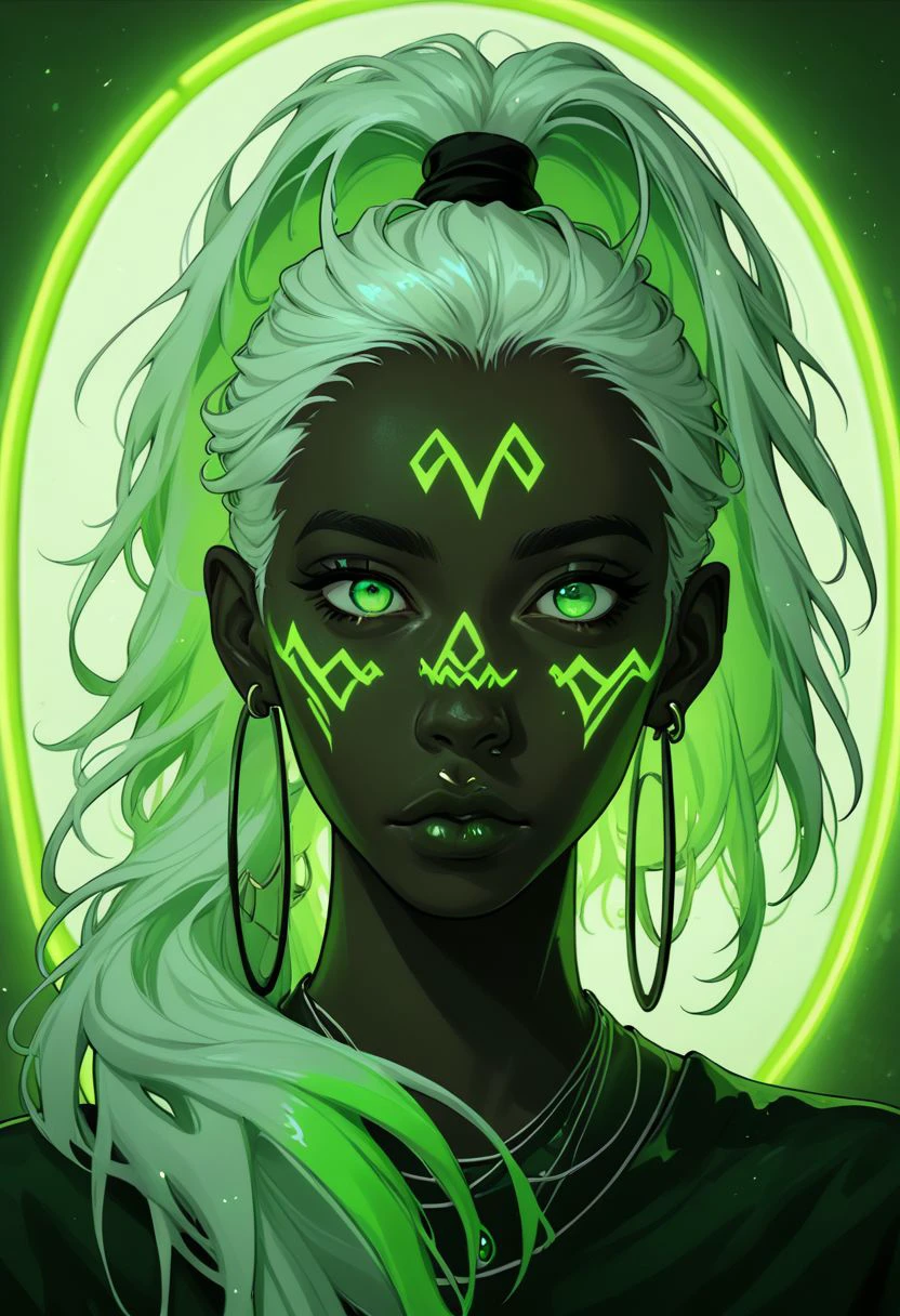 njsxzs, green theme, neon lighting, 1girl, solo, jewelry, earrings, looking at viewer, white hair, green eyes, long hair, portrait, ponytail, green background, hoop earrings, dark skin, dark-skinned female, facial mark, lips, nose, neon, green, slime tutorial, beetlejuice inspired, underworld vibess zPDXL