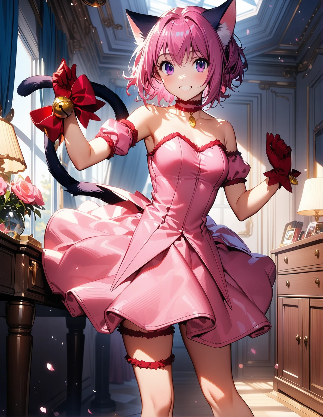 1girl, solo,<lora:sdxl-lyco-mew_ichigo-original-animagine_xl_3_1-v1:1>, mew_ichigo, tail bow, gloves, cat tail, red gloves, tail bell, choker, detached sleeves,pink dress, strapless, standing ,,,smile, best quality, very aesthetic, ultra-detailed, intricate details, 4k,BREAK in a bedroom