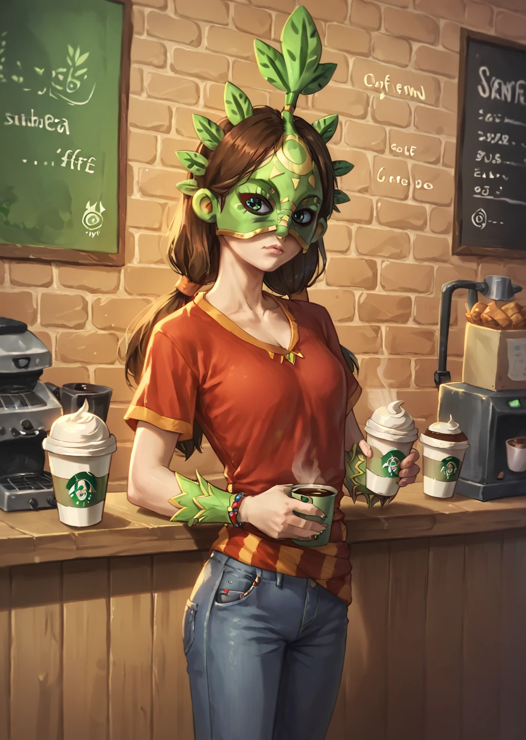 score_9, score_8_up, score_7_up, score_6_up,  <lora:Leafos:0.8> , Leafos, 1girl, solo, mask, Red Tee Shirt, Black Jeans, Coffee Shop, Detailed Background