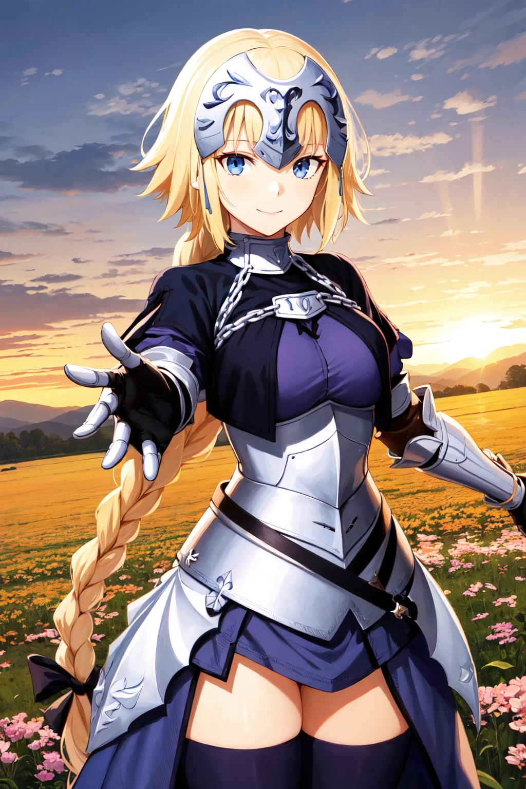 masterpiece, best quality, highres, aajd, long hair, single braid, long braid, headpiece, blue capelet, blue shirt, armor, armored dress, blue dress, gauntlets, black thighhighs, <lora:jeanne_d'arc_(fate)_v1:0.7>, smile, reaching out, sunset, field,