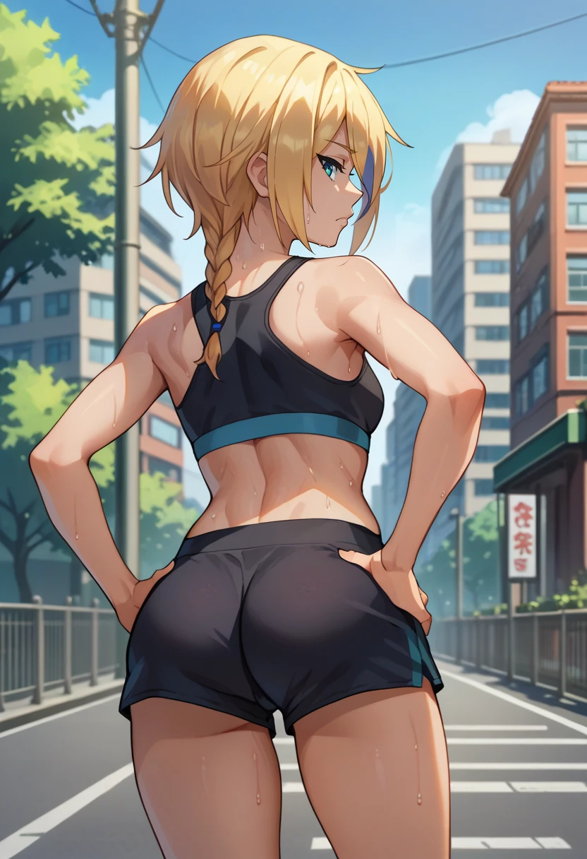 score_9, score_8_up, score_7_up, source_anime, from behind, solo, 1girl, ksclaire, sweat, expressionless, looking back, hands on own hips, hair over one eye, single braid, blue eyes, black sports bra, black shorts, short shorts, ass, outdoors, city street <lora:konosuba_claire_ponyXL:1>