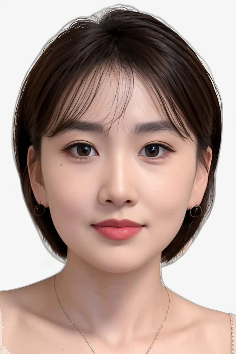 (masterpiece, top quality, best quality, (close-up photograph: 2), ((1girl)), korean, fair skin, (extremely detailed face), ((looking at viewer)), ((((ultra-detailed eyes and pupils)))),((((ultra-detailed lips)))) cheekbone, plump cheeks, ((bare pectorals)), ((bare chest)), ((tube dress)), bare head, ((bare shoulders)), symmetrical frame, (((strapless))), ((closed lips)), (((smile))), ((symmetrical pose)), (symmetrical face: 1.6), 35mm, ((((minimal plain white background)))), ((no lighting)),no watermark, ((medium hair)), <lora:yanluo:0.7>