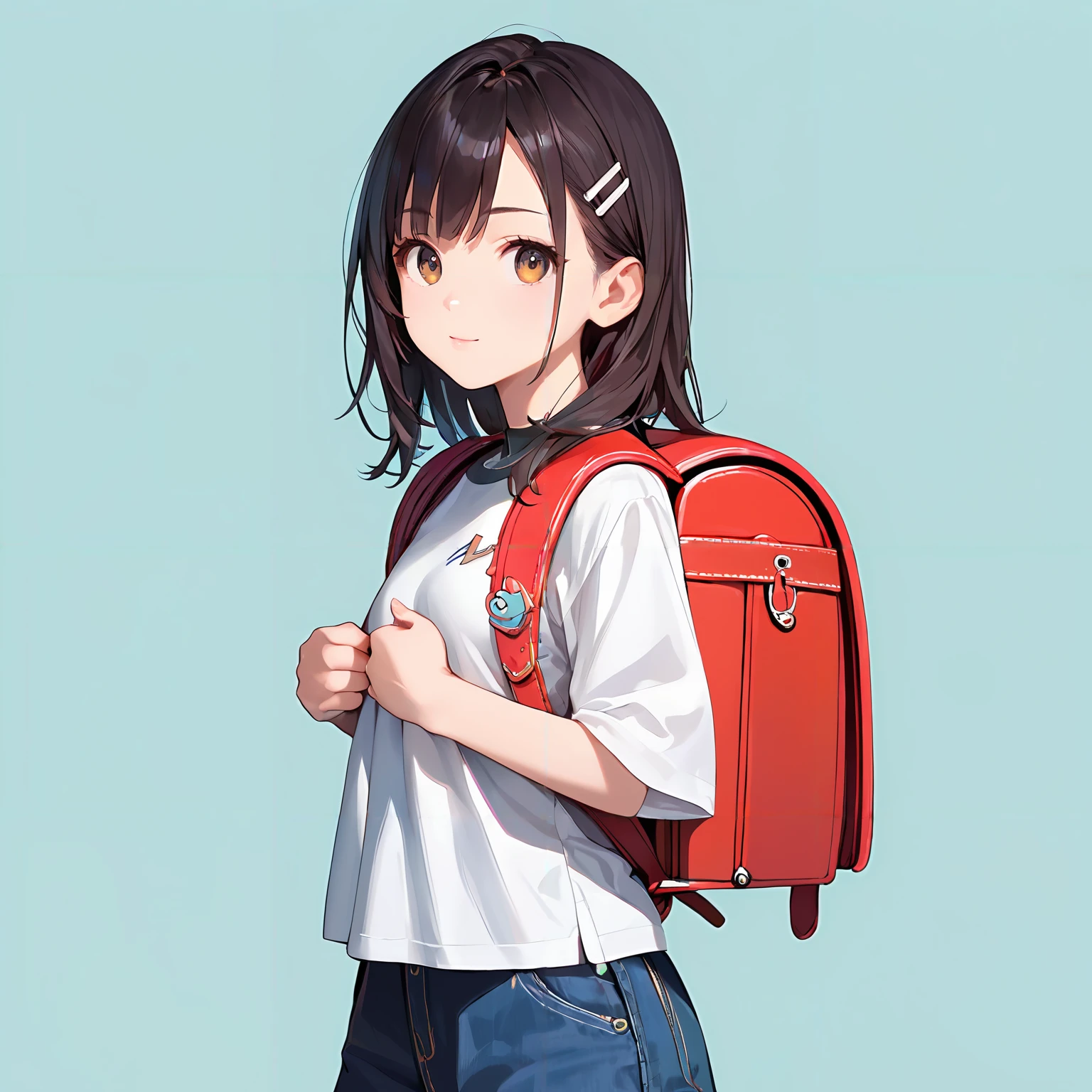 score_9, score_8_up, score_7_up,source_anime, high res image,masterpiece,best quality,girl,cowboy shot,cute face,simple background, <lora:randoseru_Pony_V1.0:0.5>randoseru,backpack