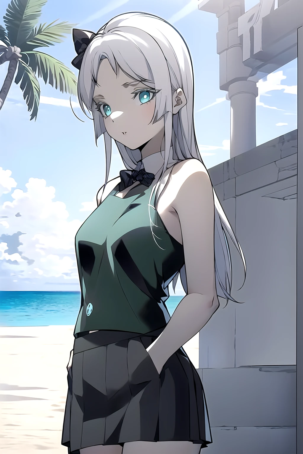 masterpiece, absurdres, long hair, 1girl, breasts, solo, white hair, blue eyes, medium breasts, (Standing with hands in pockets), (Slate gray)(Bow-neck top :1.2), (Light green)(Ruffled mini skirt with a polka-dot pattern.), (Tropical paradise with palm trees and crystal-clear waters :1.2),  <lora:Situ_Liu1.5-000011:0.8>, (Fuming face)