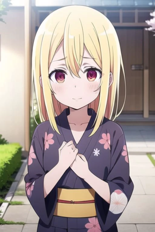 (masterpiece), amane lily, blonde hair, red eyes, 1girl, japanese clothes, yukata, sakura festival