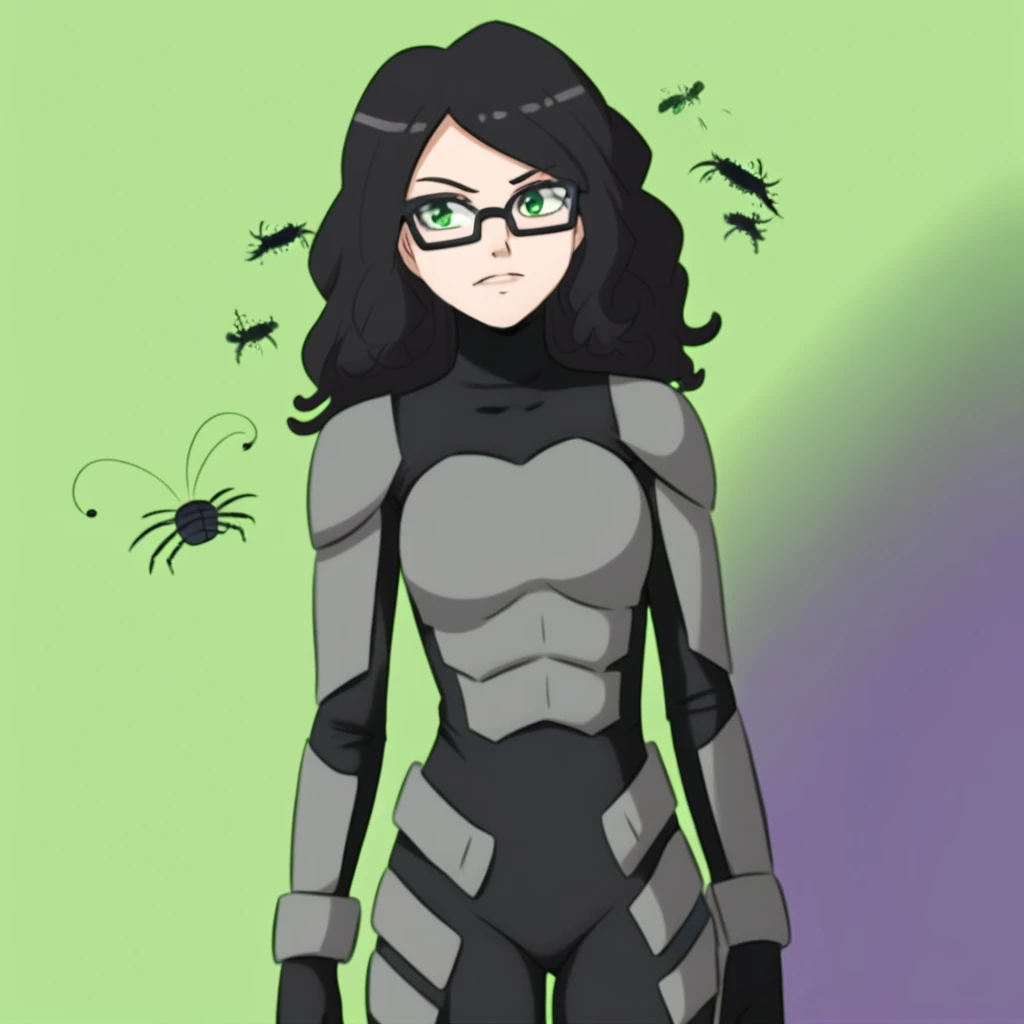 score_9, score_8_up, score_7_up, Skitter, bug_mask, 1girl, solo, body suit, armor, skin tight, black hair, green eyes, glasses,