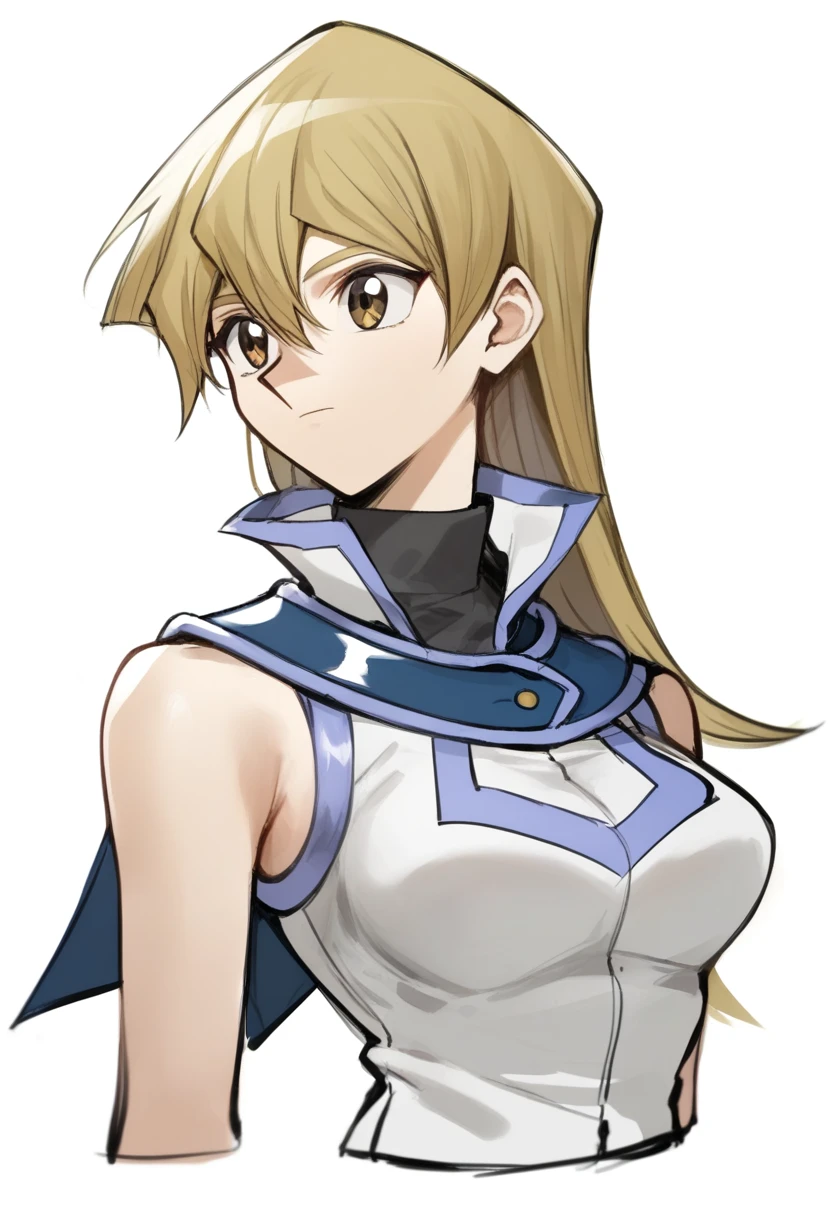 score_9,score_8_up,score_7_up,<lora:tenjouin_asuka_pony:1>,1girl, arm_behind_back, blonde_hair, brown_eyes, closed_mouth, cropped_torso, duel_academy_uniform_\(yu-gi-oh!_gx\), hair_between_eyes, highres, medium_breasts, simple_background, sketch, sleeveless_jacket, solo, straight_hair, tenjouin_asuka, turtleneck, very_long_hair, white_background, white_jacket