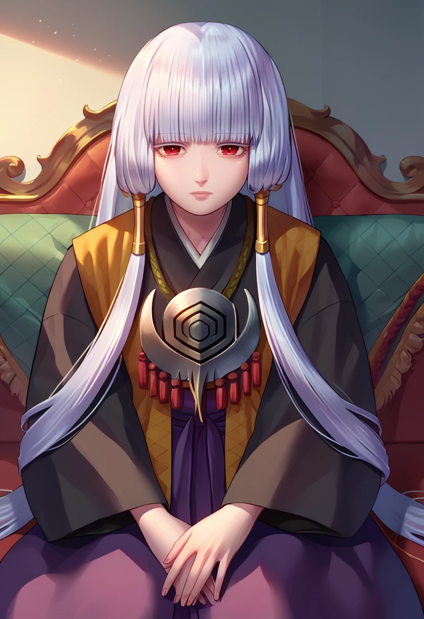 score_9, score_8_up, score_7_up, 1girl, Uematsu Rikako, silver hair, long hair, low twin braids, red eyes, pendant, yellow ribbon, black kimono, purple skirt, sitting, looking at viewer, couch, <lora:RIkako 50e-000048:1>
